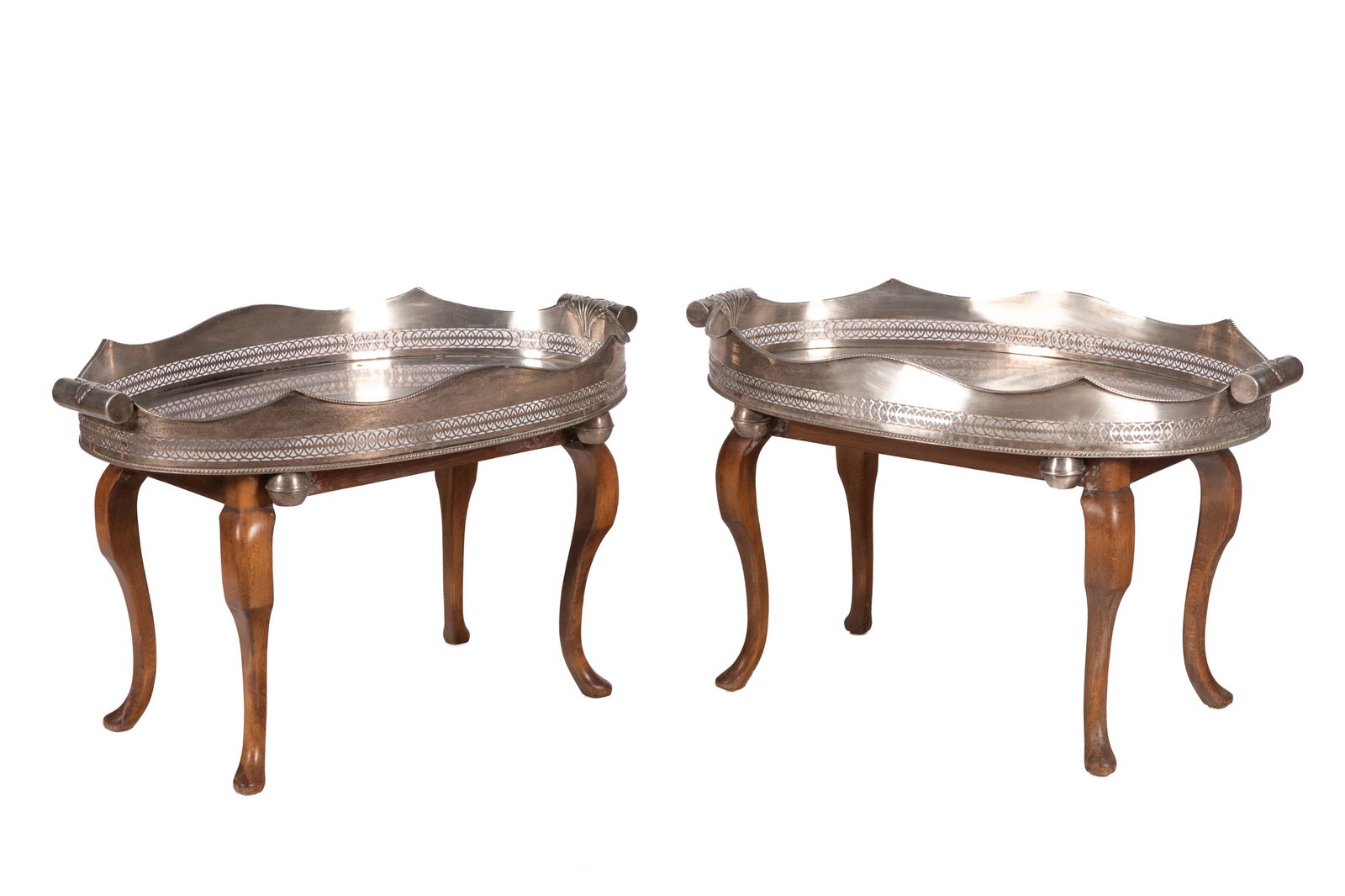PAIR OF SILVER PLATED TRAY TABLES: Each a gallery tray with ball feet on a custom made stand. H.: 20" x W.: 33" x D.: 19.5"