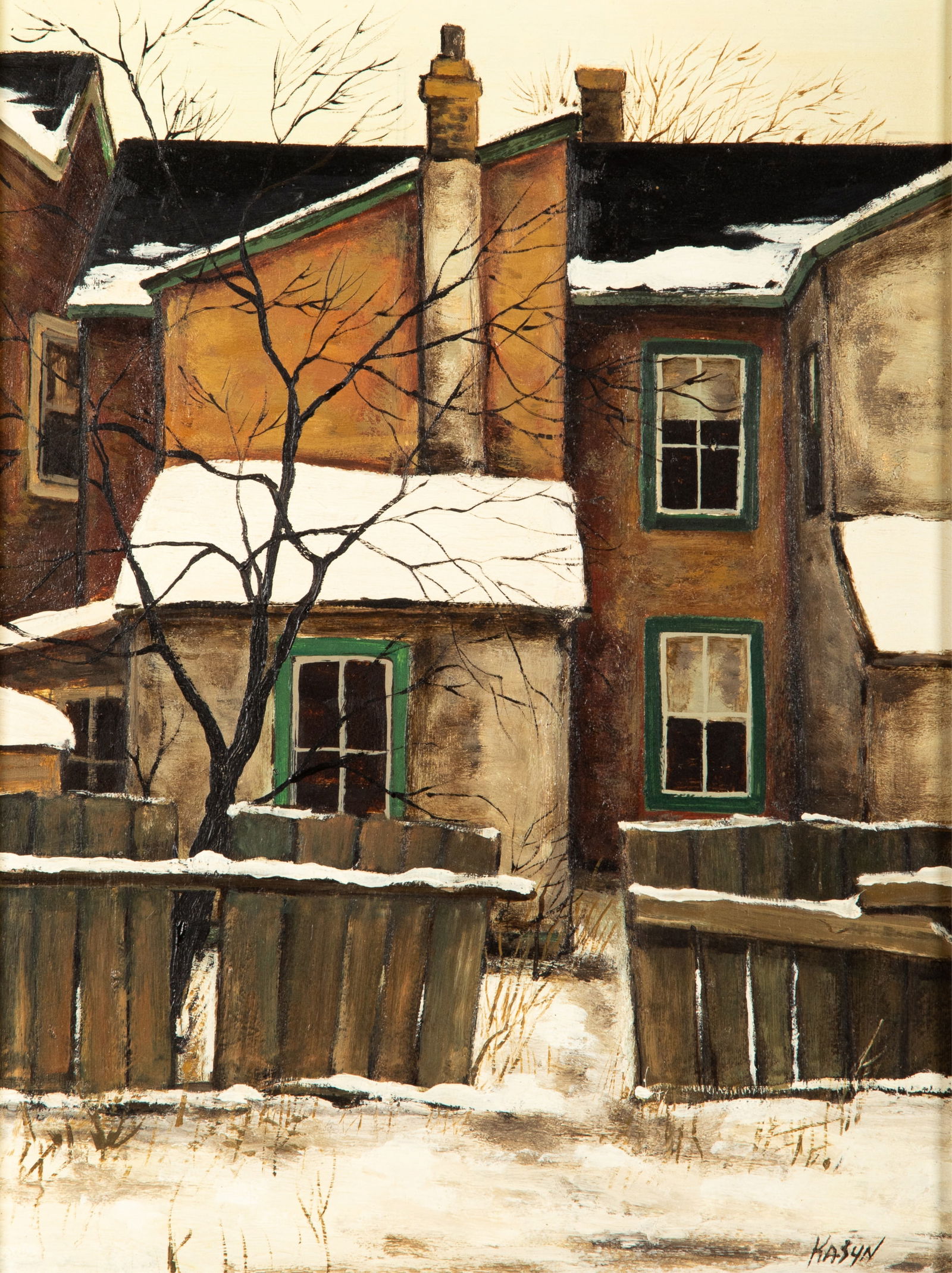 JOHN KASYN (Canadian, 1926-2008): Back of St. Patrick St. (1969) Oil on masonite Signed bottom rightH. 16" x W. 12" Provenance: Mazelow Gallery (Toronto)