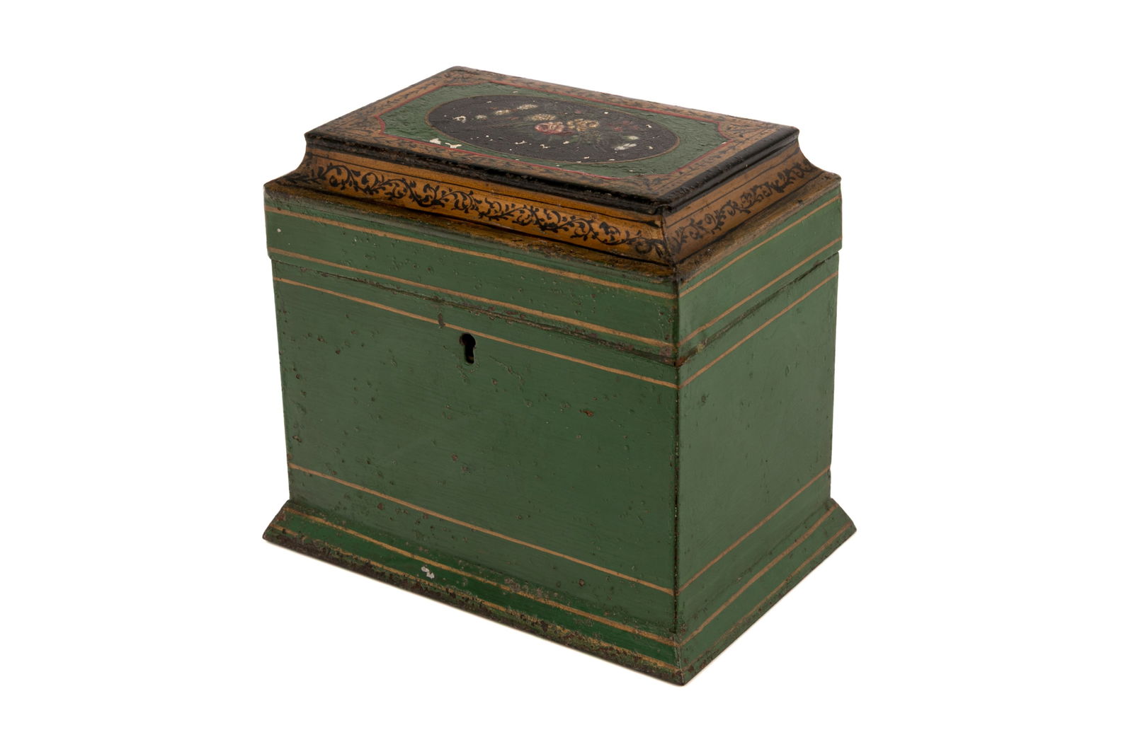 19th C HAND-PAINTED GREEN TOLE TEA CADDY (1 of 5)