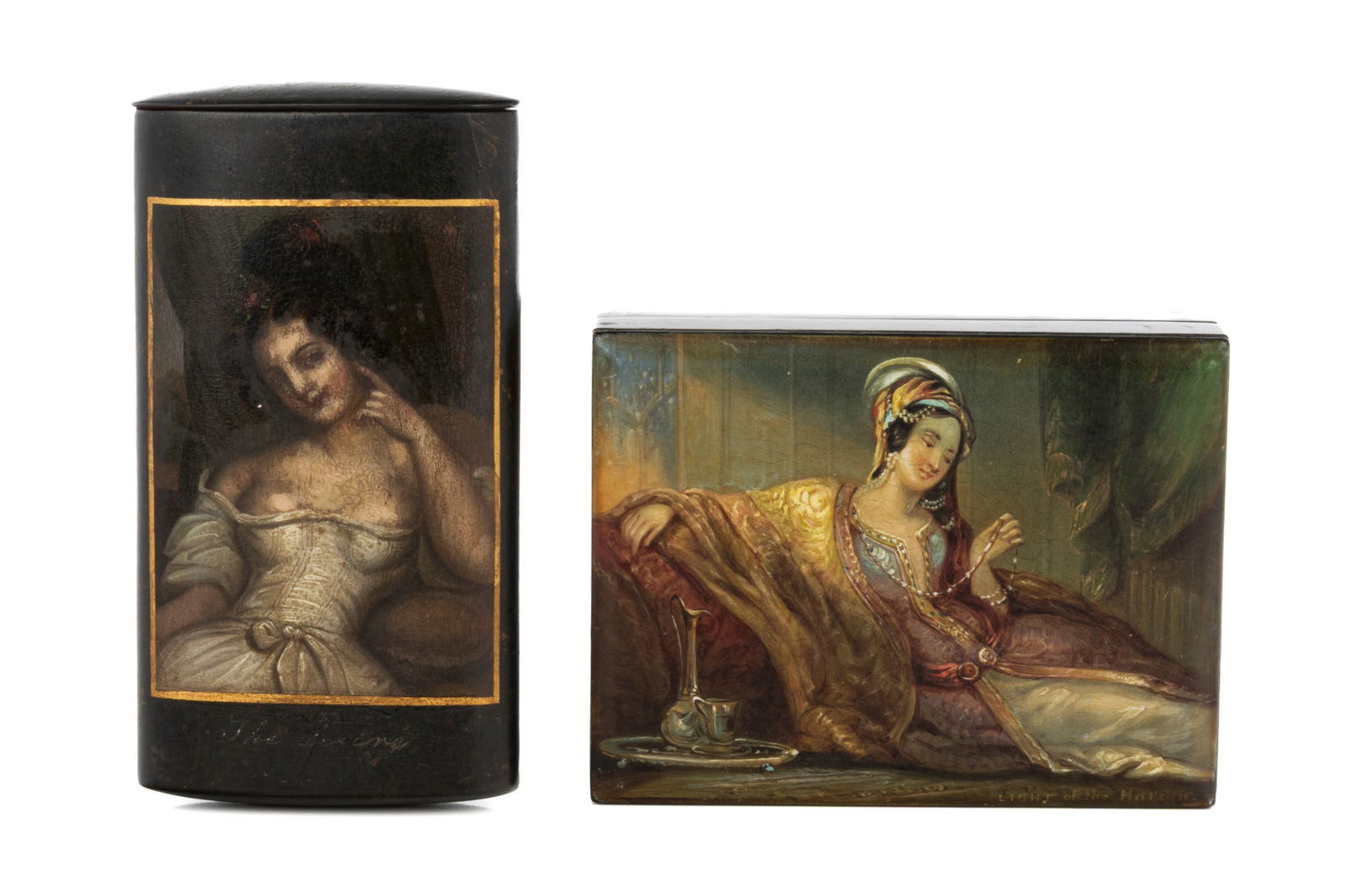 TWO COURTESAN PAPIER MACHE SNUFF BOXES (1 of 4)