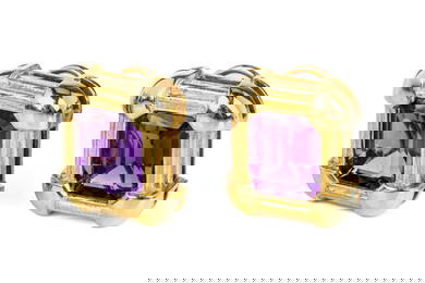 PAIR OF VINTAGE 18K GOLD AND AMETHYST EARRINGS,18g