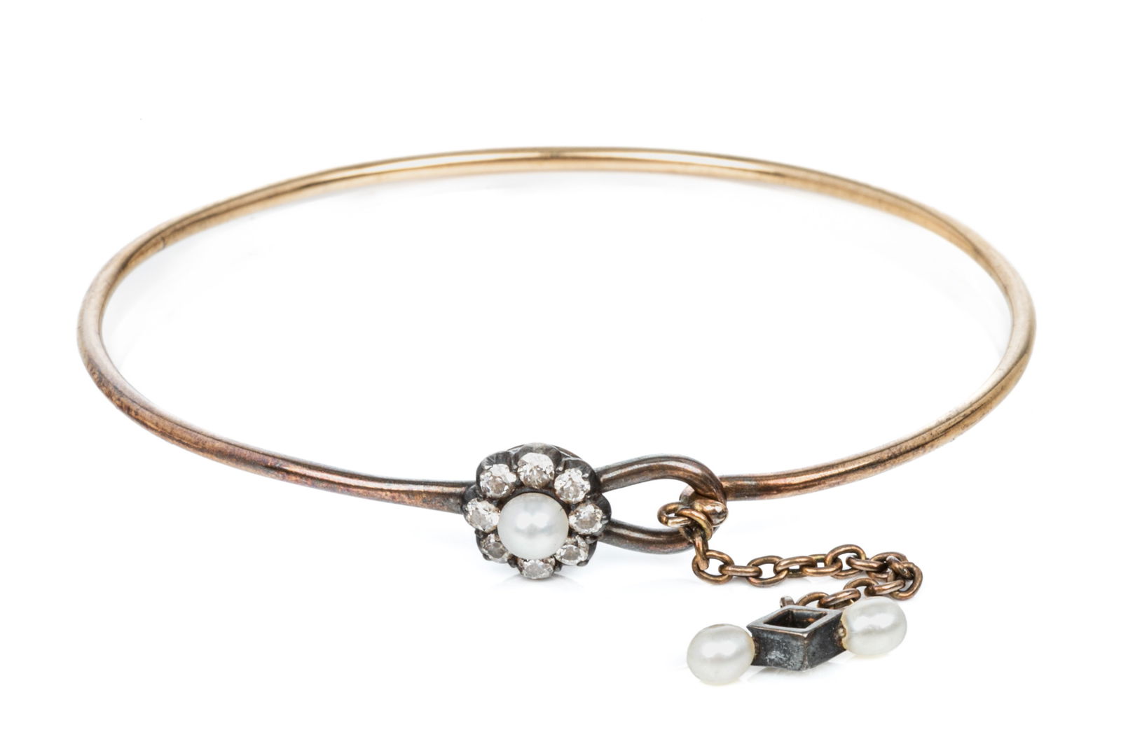 ANTIQUE GOLD, OLD CUT DIAMOND AND PEARL BANGLE, 7g (1 of 5)