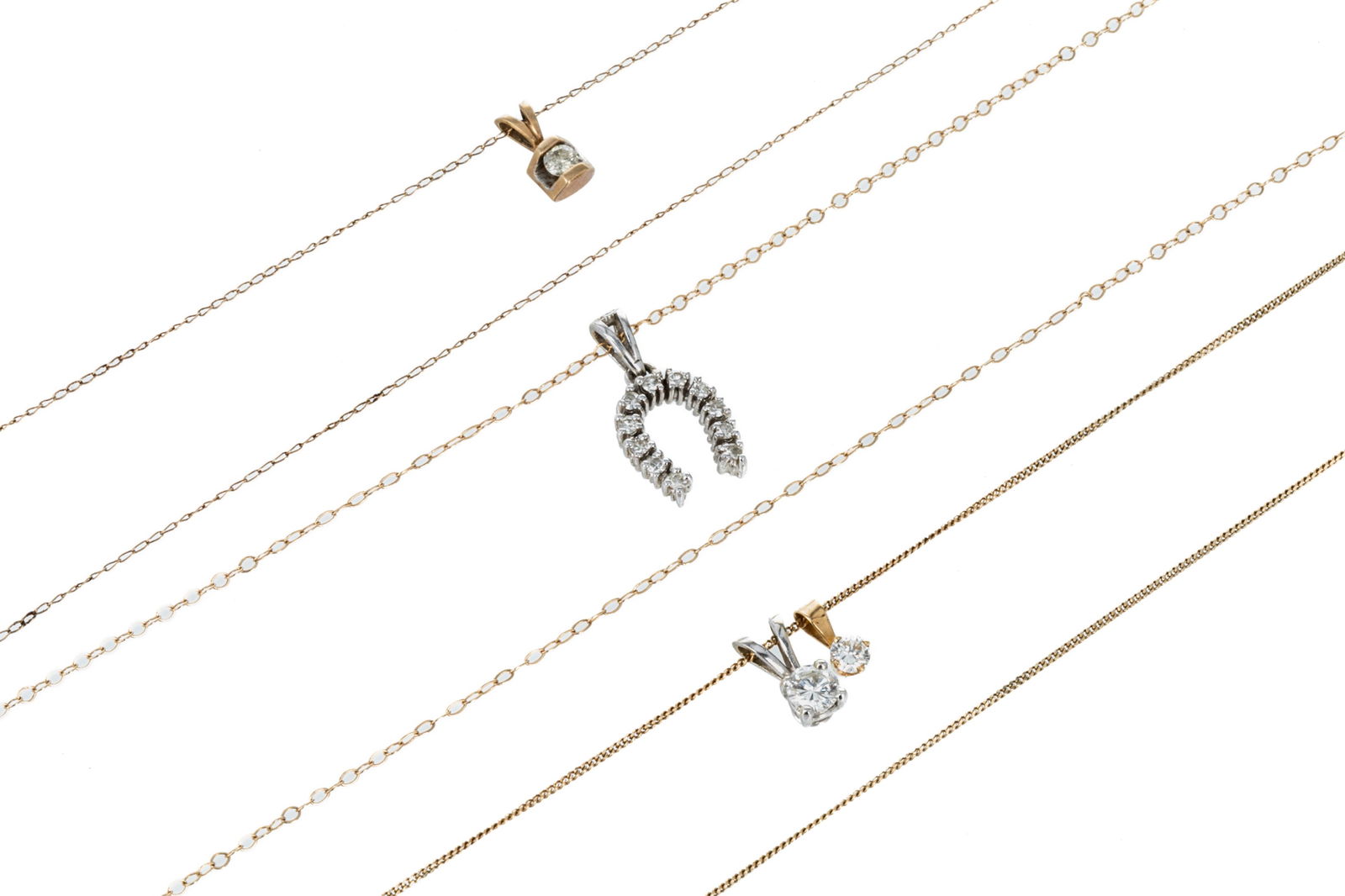 FOUR DIAMOND PENDANTS ON THREE GOLD CHAINS , 5.2g (1 of 4)