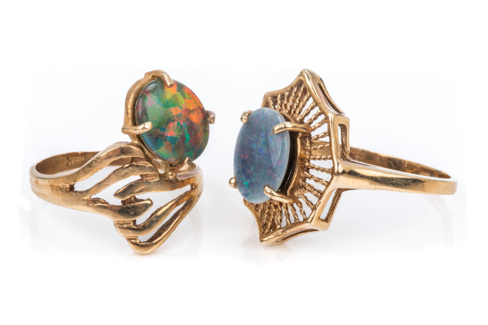 TWO YELLOW GOLD AND OPAL DOUBLET RINGS, 5.9g (1 of 1)