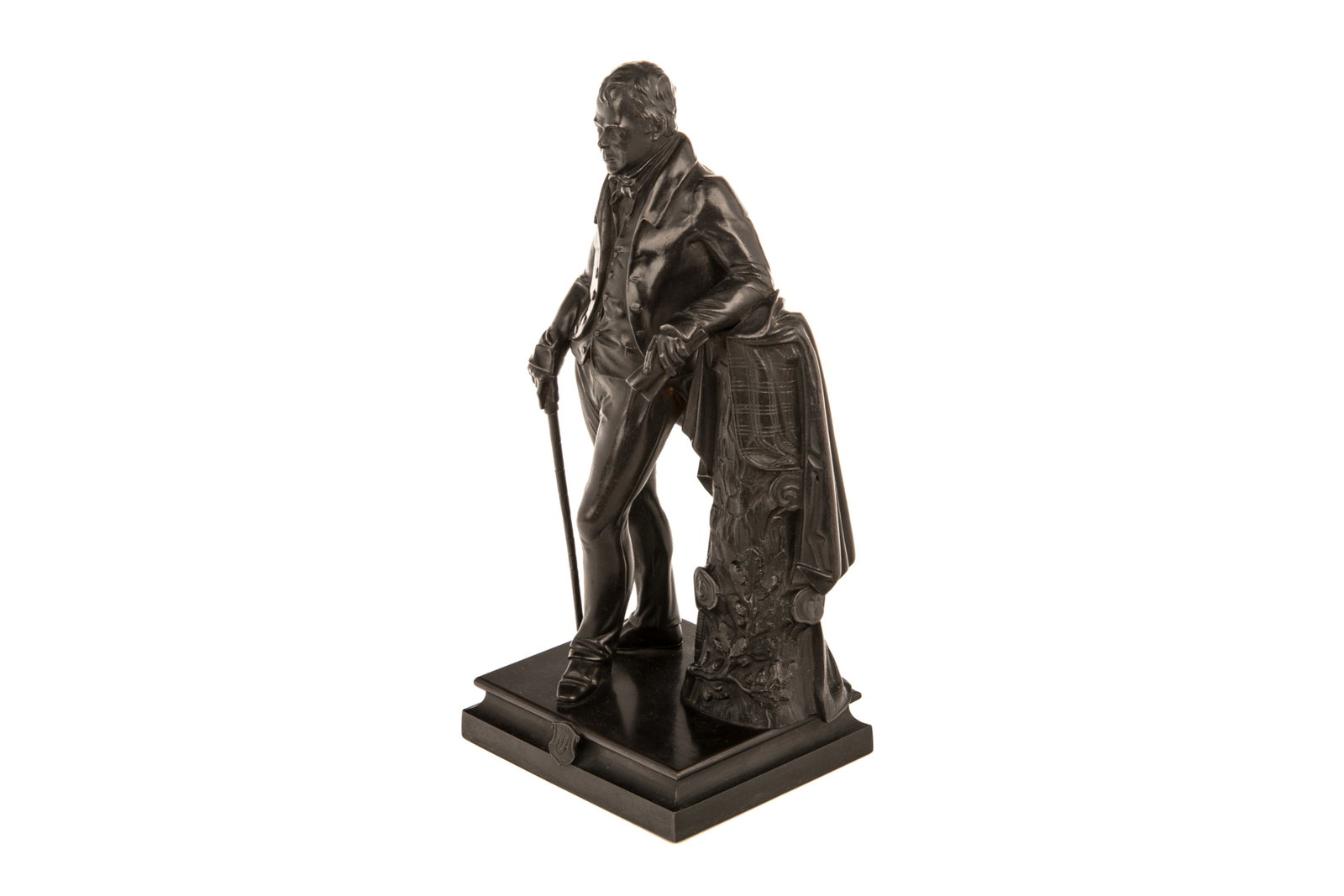 19th C BRONZE MINIATURE OF SIR WALTER SCOTT: Antique patinated bronze miniature of the Scottish poet Sir Walter Scott. Applied monogrammed shield to the bronze plinth reading 'W.S.' English, 19th C. H.: 23.5 cm (9 1/4 in.)