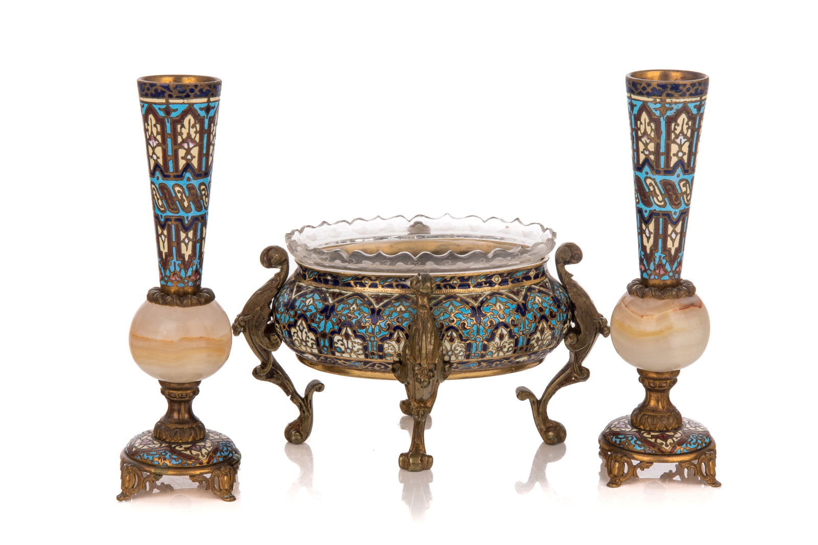 THREE PIECE CHAMPLEVE GARNITURE SET (1 of 2)