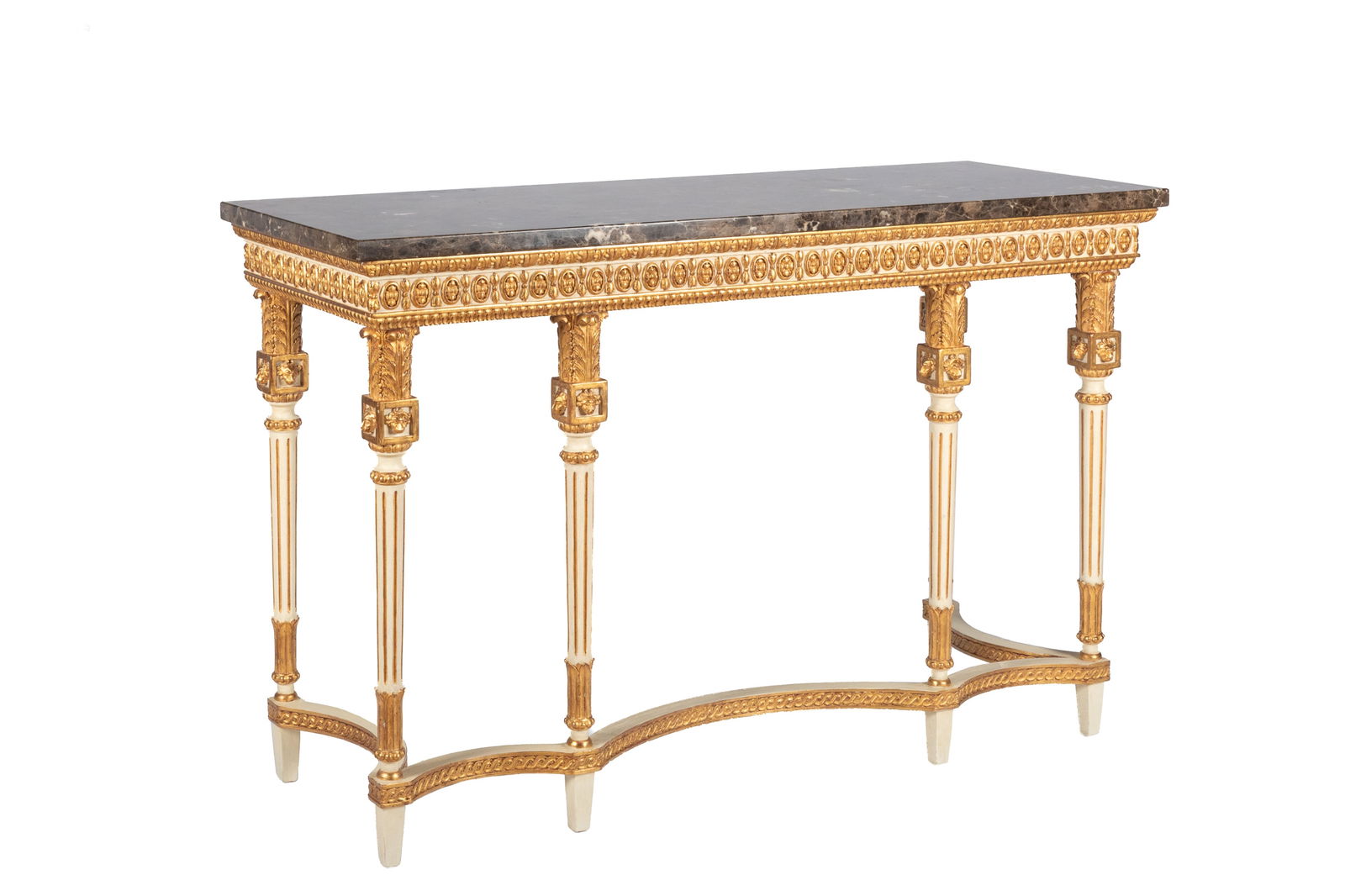 MARBLE TOP CARVED & GILTWOOD CONSOLE TABLE: White painted console table with heavily carved giltwood apron and acanthus reeded legs, grey marble top, French, 20th C.H.: 35" W.: 54 1/2" D.: 21"