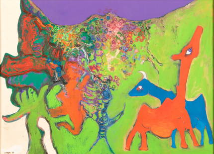 YEHOUDA L. CHAKI (Greek / Canadian, 1938-2023): Close Together (1969) Oil on canvas Signed and dated bottom left; signed and dated to reverse H. 16" x W. 22 1/2" Provenance: Galerie Dresdnere (Toronto)