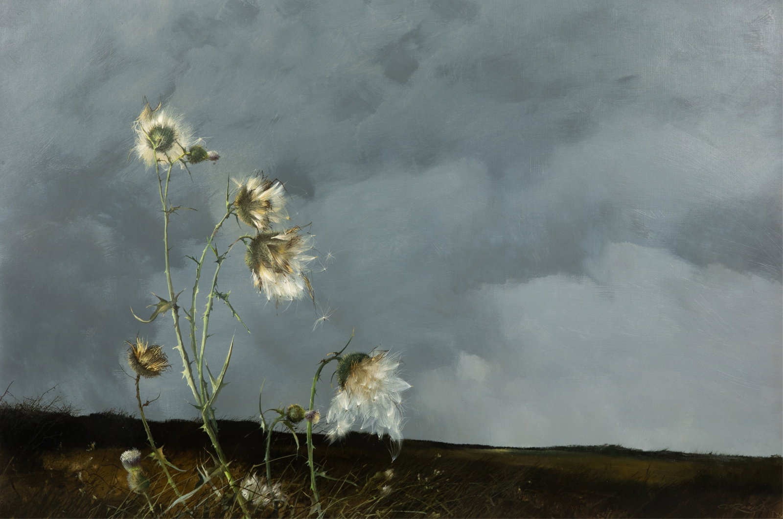 GEOFFREY ALLAN ROCK (English / Canadian, 1923-2000: Bull Thistle Oil on board Signed bottom right; signed, dated, and titled to reverse Measurements (overall): H. 28 1/4" x W. 40 1/4"