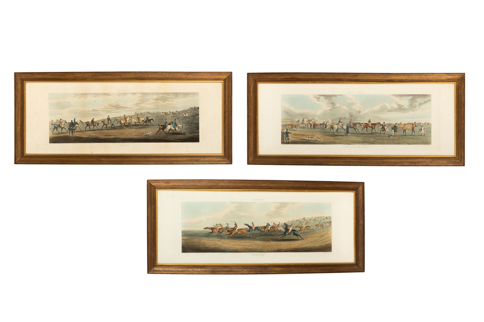 THREE ENGRAVINGS BY THOMAS SUTHERLAND: Three antique engravings of equestrianism by Thomas Sutherland (British, 1785-1838) after paintings by Henry Thomas Alken (British, 1785-1851). Measurements framed: H. 15 1/2" x W. 36 1/4"