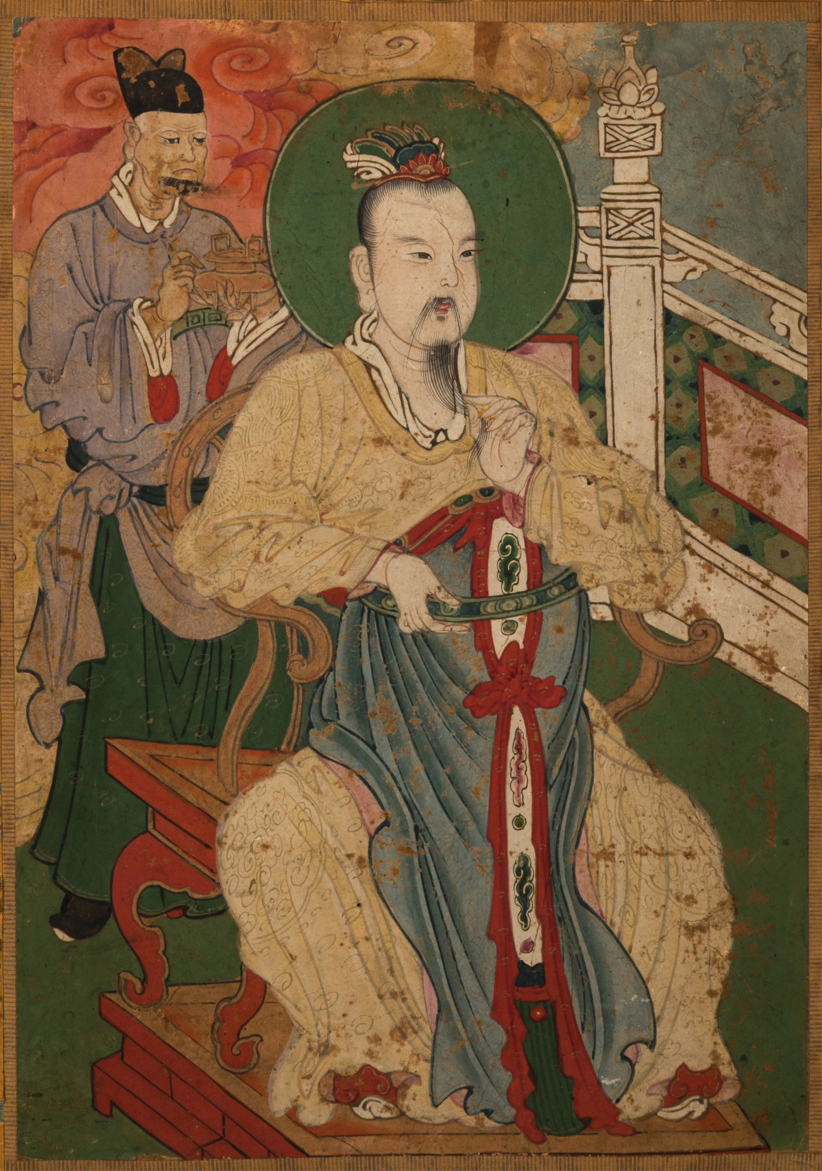 JOSEON GOUACHE BUDDHIST SAGE POSS VIMALAKIRTTI: Ink and gouache on paper. Of a seated Buddhist sage or king, possibly Vimalakirtti, and attended by a servant with an incense burner. Ming China or Joseon Korea (?) 12 x 16.5 in.