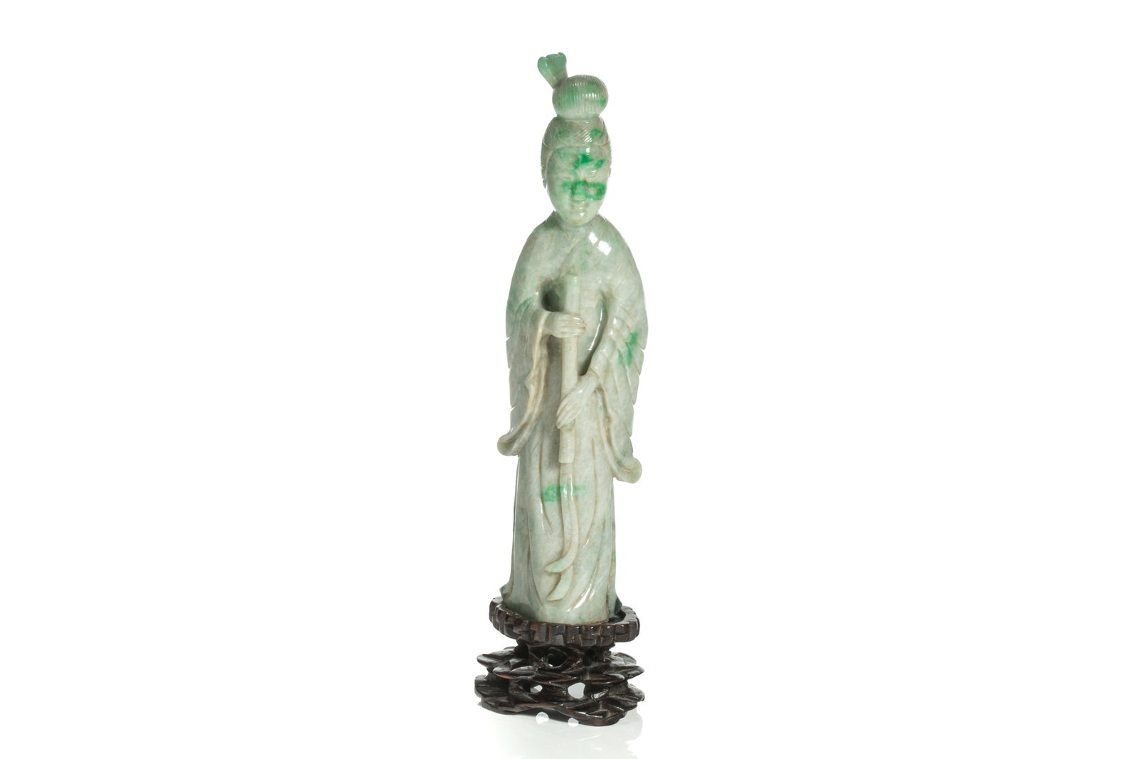 CHINESE JADEITE STANDING FIGURE OF AN ATTENDANT: Chinese, 19th C. Of a lady in robe holding a bamboo staff. The stone with apple green veining.