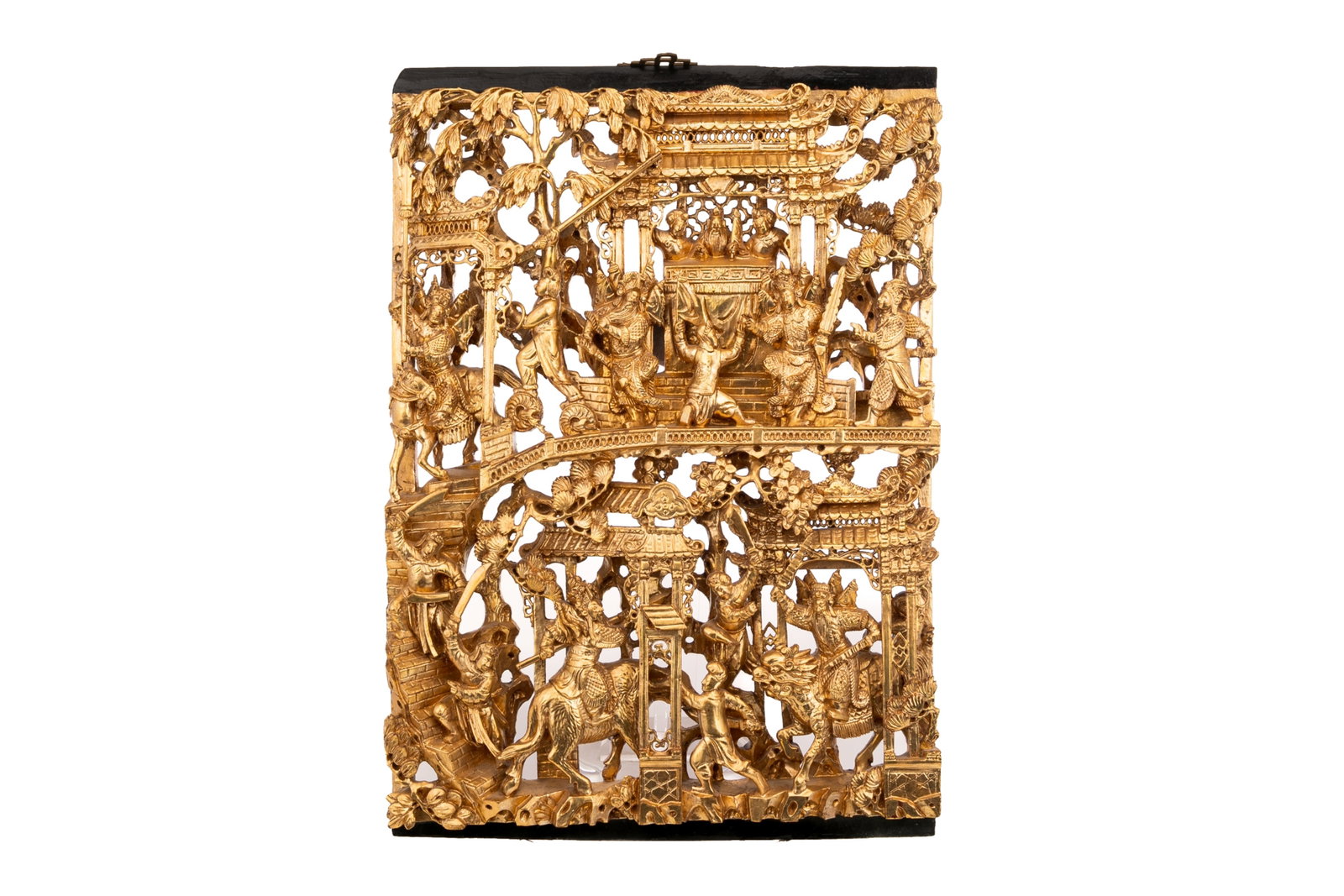 GILT WOOD CARVED PANEL, LATE 19TH CENTURY: A carved panel of legendary Chinese figures. 31 x 44 cm (12.2 x 17.32 in.)Ex. collection Joan Peggs, acquired Hong Kong 1950s.