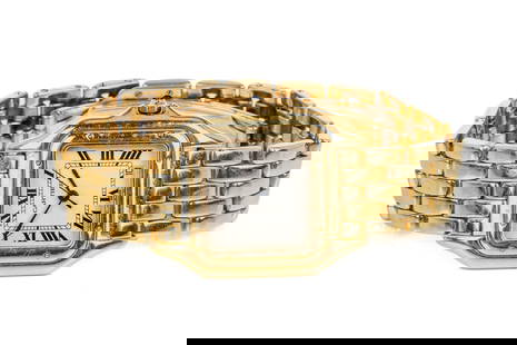 18K GOLD LADIES CARTIER PANTHERE WRIST WATCH, 112g: A vintage 18k yellow gold wrist watch by Cartier Paris, with medium size link strap, quartz movement, Roman numerals, cushion shape case, second hand sweep, and cabochon sapphire-setcrown. Case and br