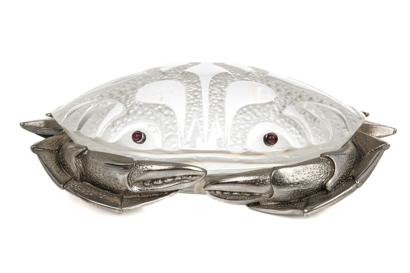 STEUBEN GLASS CRAB PAPERWEIGHT: Glass paperweight designed by Lloyd D. Atkins (American, 1922-2002) for Steuben. Markings along the crab's body are in a frosted glass and mounted on a silver-coloured metal base. Two polished red sto