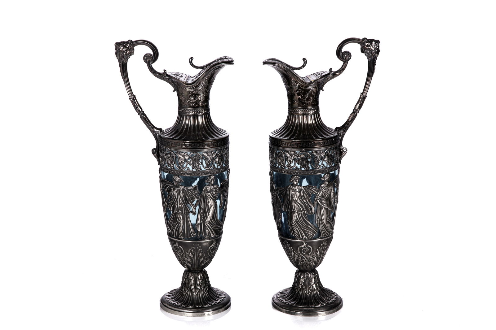 PAIR OF WMF GERMAN PEWTER AND GLASS EWERS (1 of 3)