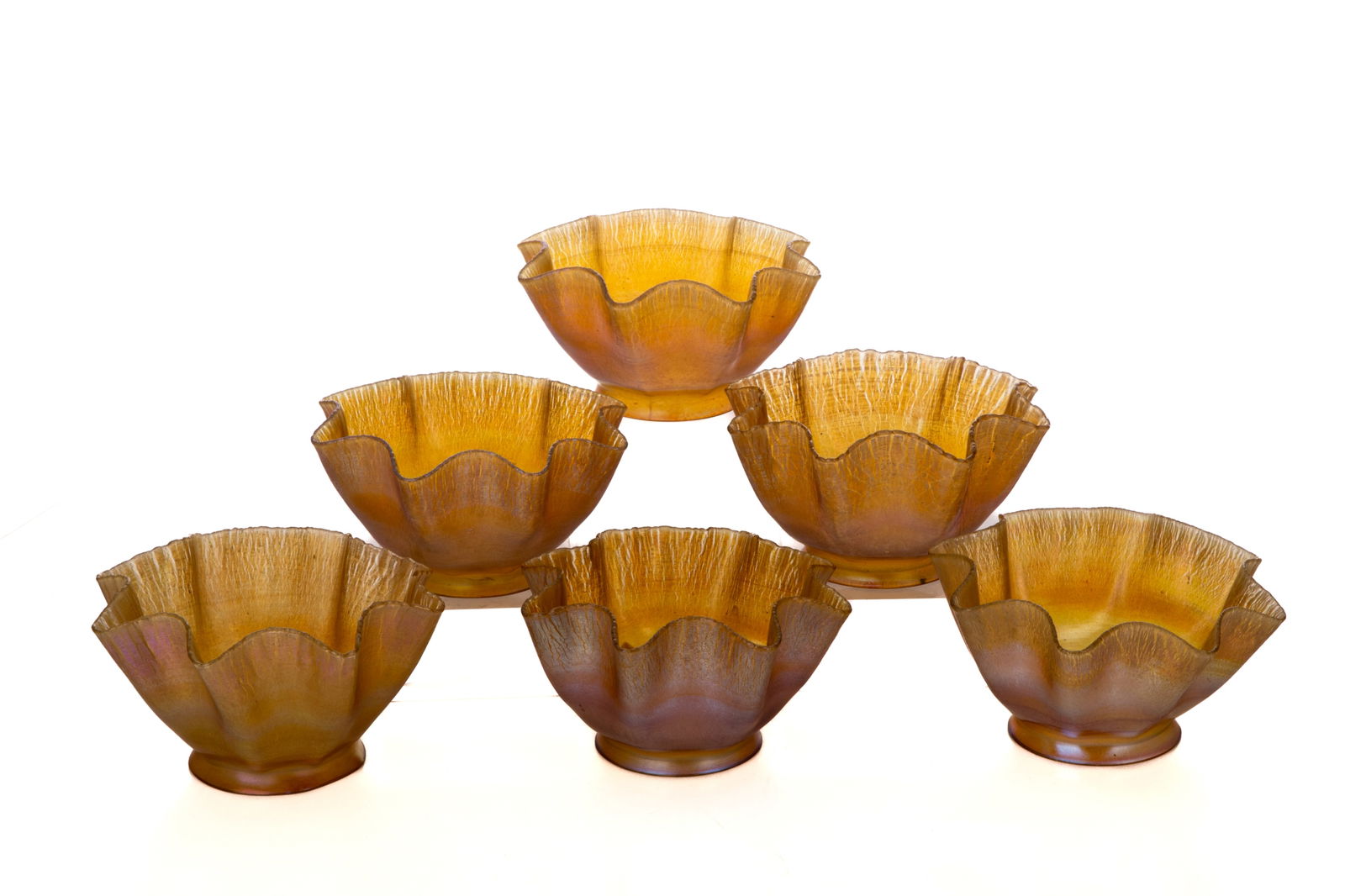 SIX TIFFANY FAVRILE GLASS RUFFLED LIGHT SHADES (1 of 3)