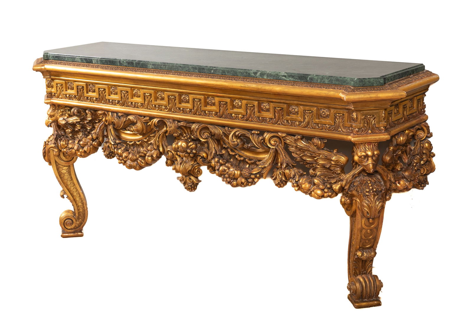 PAIR OF LARGE CARVED GILTWOOD CONSOLE TABLES: With period marble tops (some condition) and replacement green marble tops, elements of 18th / 19th C. In the photos provided, one table is shown with the original antique verigated marble top, the se