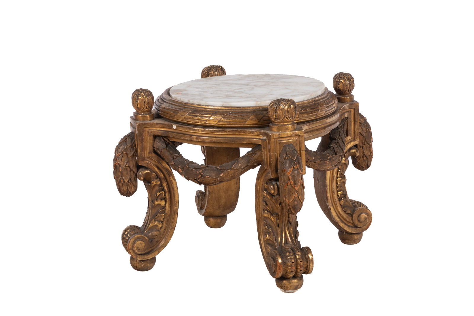 ANTIQUE FRENCH CARVED GILTWOOD PORTE POTICHES: Heavily carved acanthus swags and turned feet, marble insert, French, 19th C. Heavily carved acanthus swags and turned feet, marble insert, French, 19th C. H.: 18" x Dia.: 25"