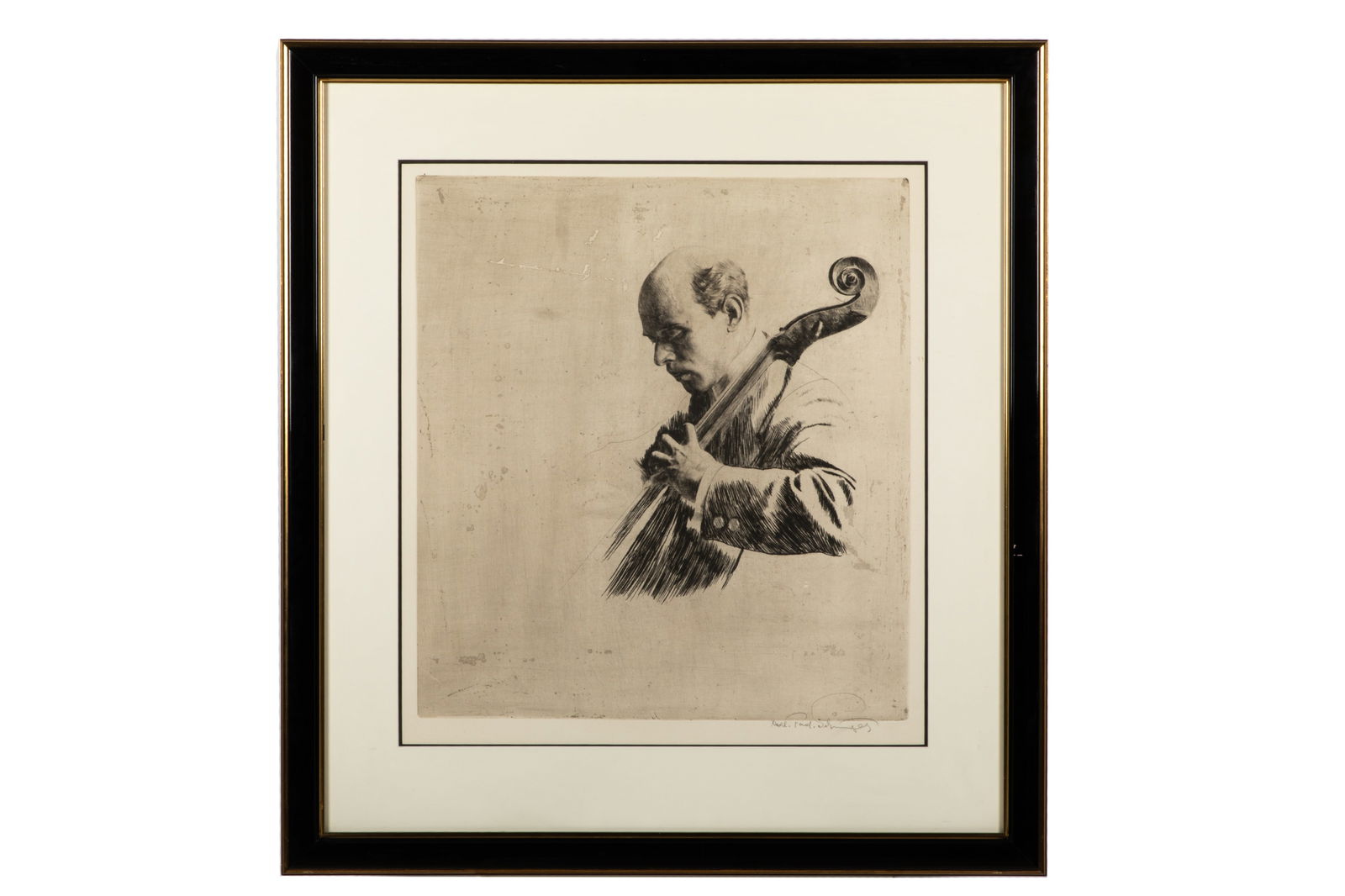 FERDINAND SCHMUTZER (Austrian, 1870-1928): Pablo Casals, Spielend (1914) Etching Signed bottom rightMeasurements (in frame): H. 35" x W. 32"