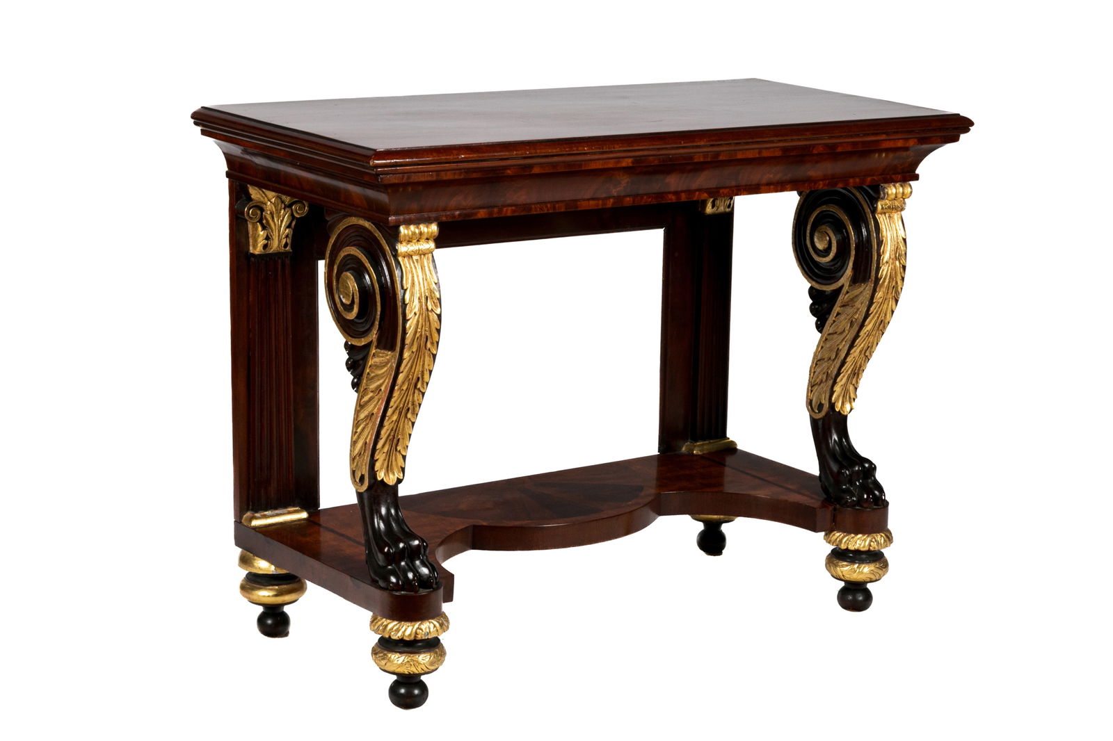 19th C AMERICAN FEDERAL MAHOGANY CONSOLE TABLE: Beautiful figured mahogany with open back, exagerated swirled legs with gilt acanthus caps and claw feet, American, early 19th C. H 36" x W 48" x D 22"