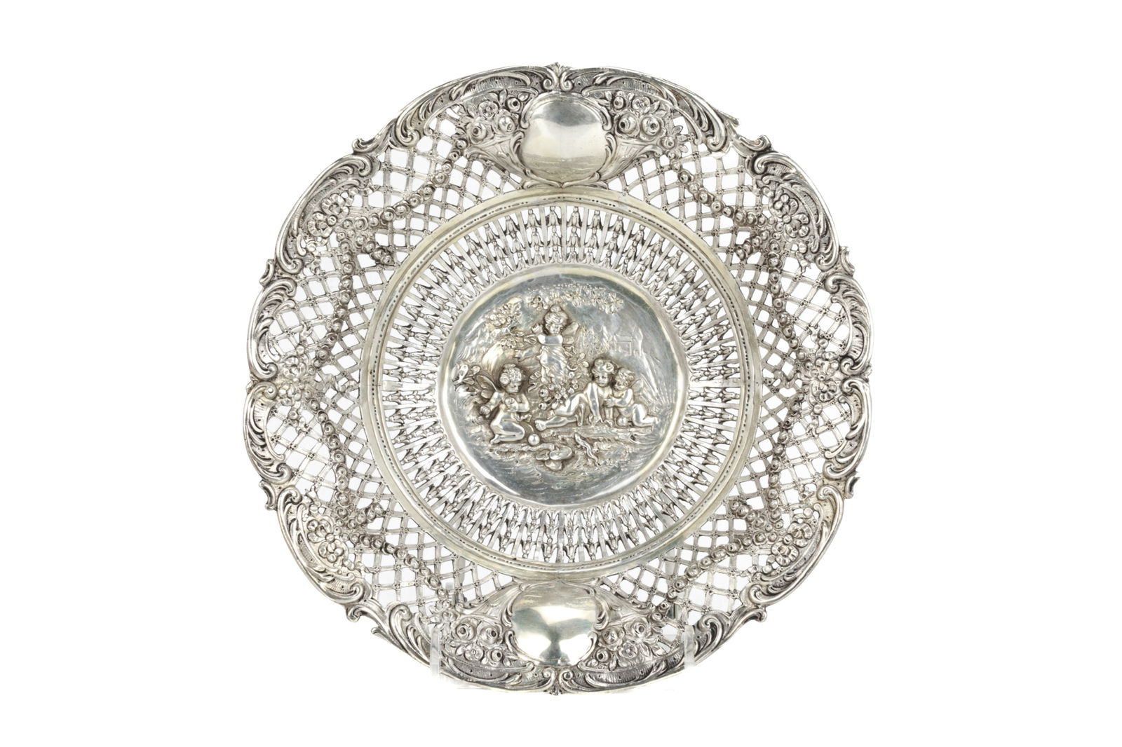 ANTIQUE HANAU GERMAN PIERCED SILVER DISH, 332g (1 of 6)