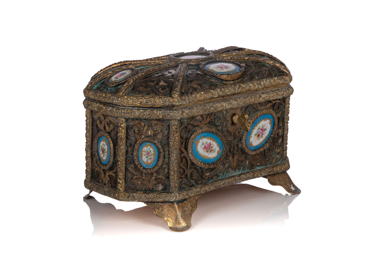 ANTIQUE FRENCH BRASS AND PORCELAIN CASKET (1 of 6)