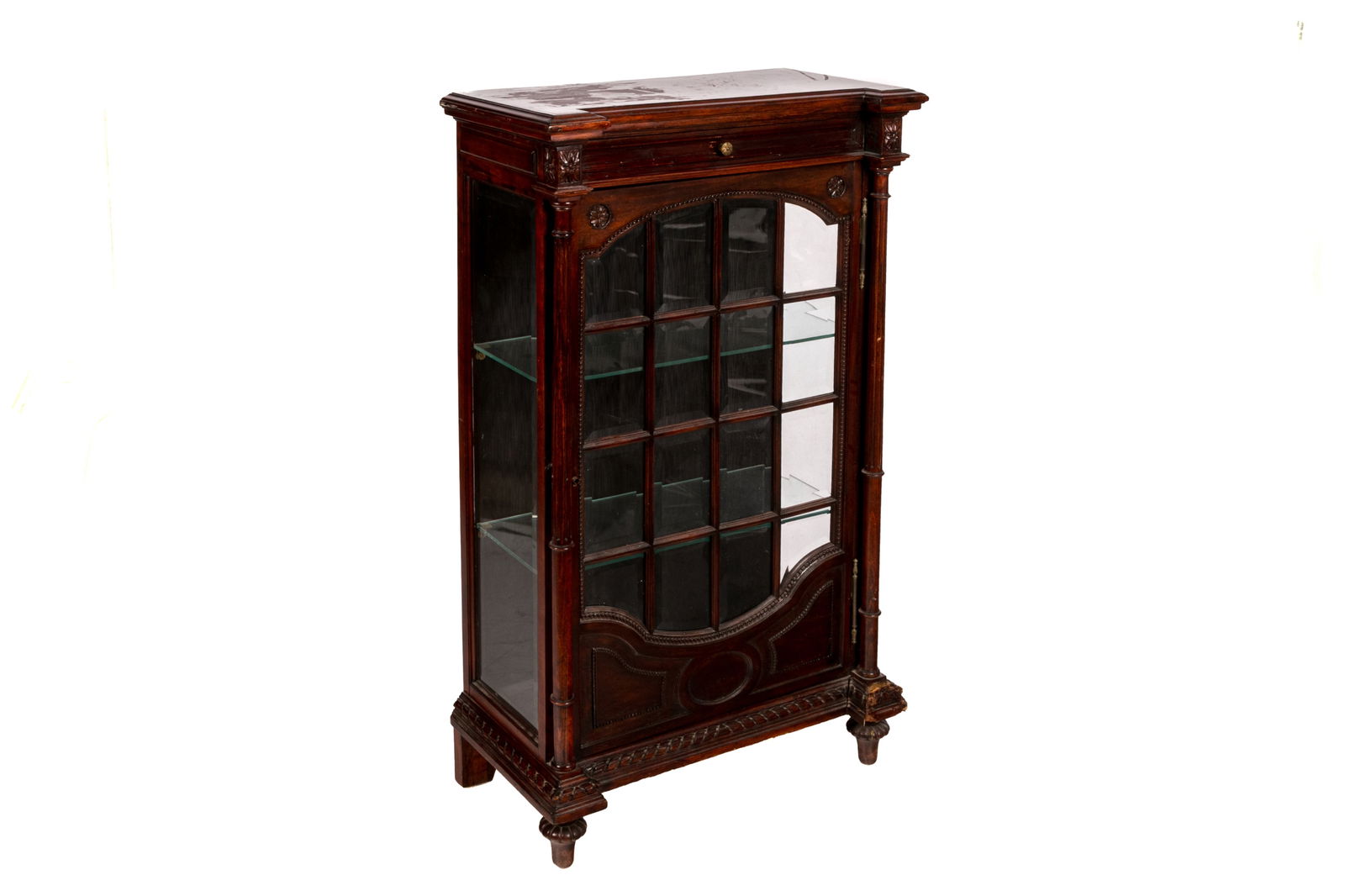 SMALL CARVED MAHOGANY DISPLAY CABINET (1 of 4)