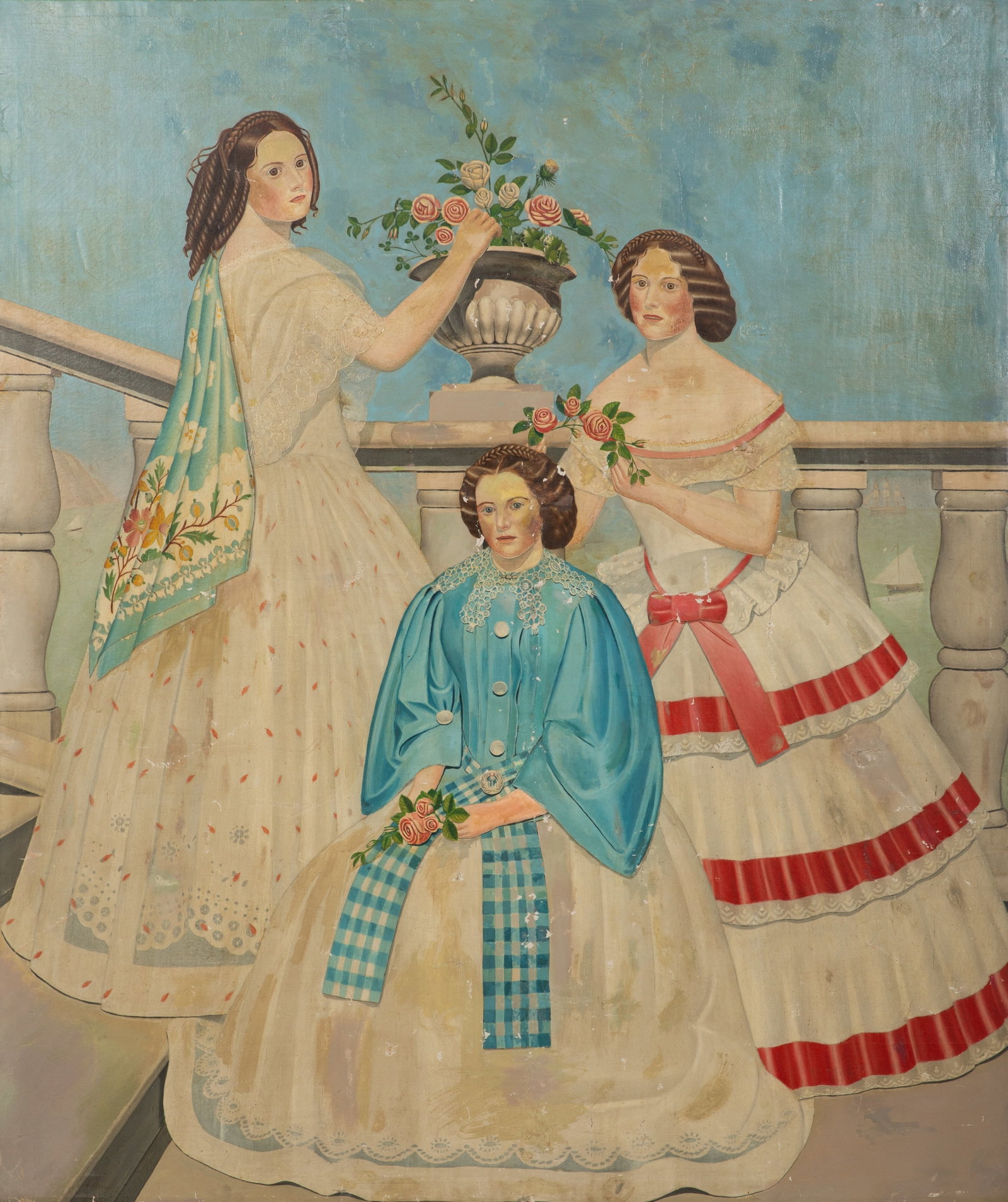 MANNER OF GEORGE GARDNER FISH (19th C): Portrait of Three Young Women Oil on canvas Unsigned H. 65 7/8" x W. 57 6/8"
