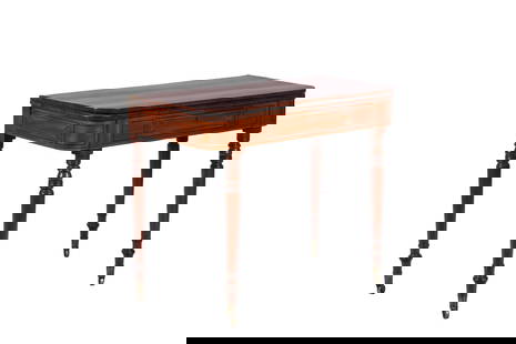 19th C ENGLISH MAHOGANY CARD TABLE: Fold over mahogany top, black inlay, turned legs, brass casters, late 18th / early 19th C. H.: 30" x W.: 40" x D.: 19 1/2'' (opens to 39")