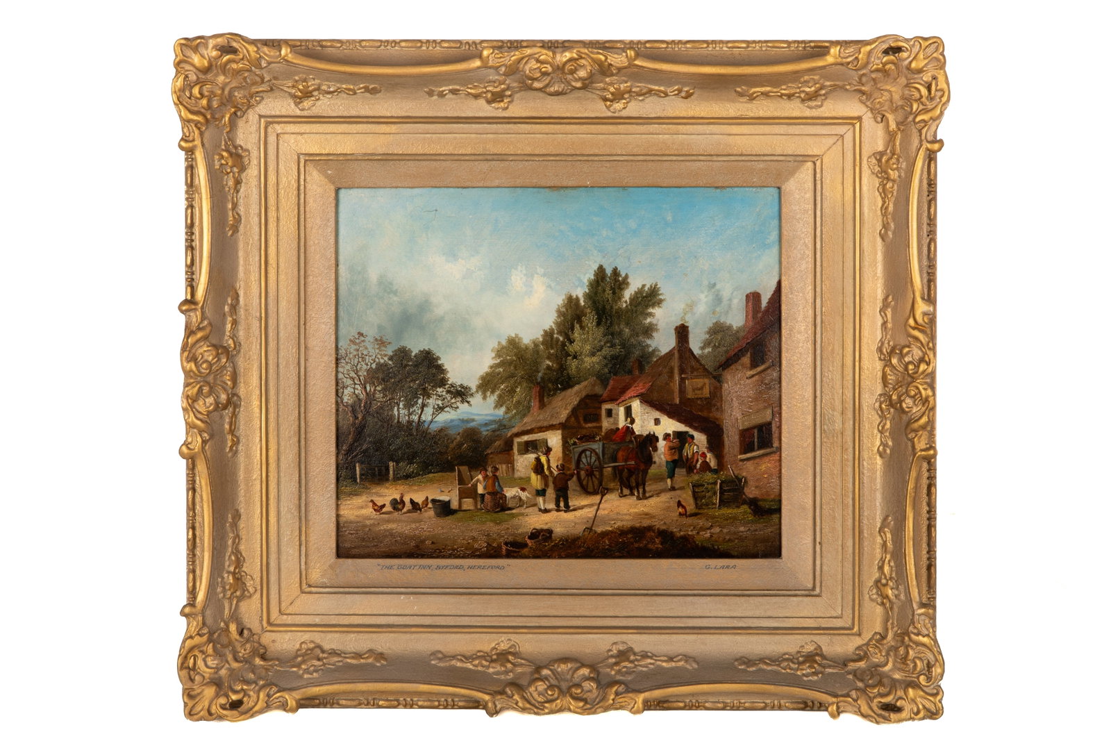 GEORGINA LARA (British, fl. 1862-1871): The Goat Inn Hyford Oil on board Attribution to bottom of frame and label to verso H. 10" x W. 12" Provenance: The Fine Art Galleries, T. Eaton Co. (Montreal)