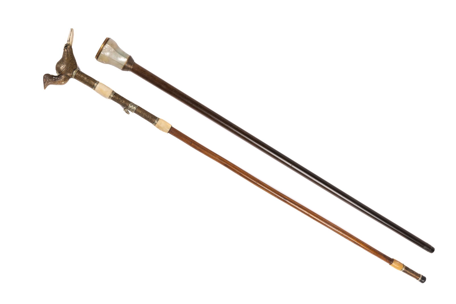 TWO ANTIQUE CANE HANDLE WALKING STICKS (1 of 3)