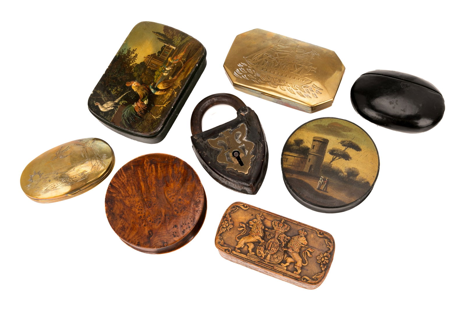 SEVEN ANTIQUE SNUFF AND TOBACCO BOXES (1 of 2)