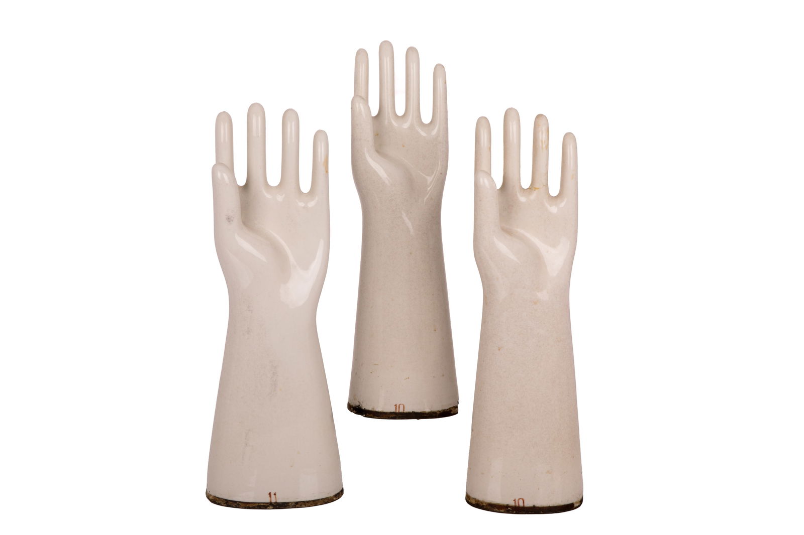 THREE ANTIQUE POTTERY GLOVE STRETCHER HAND MODELS (1 of 3)
