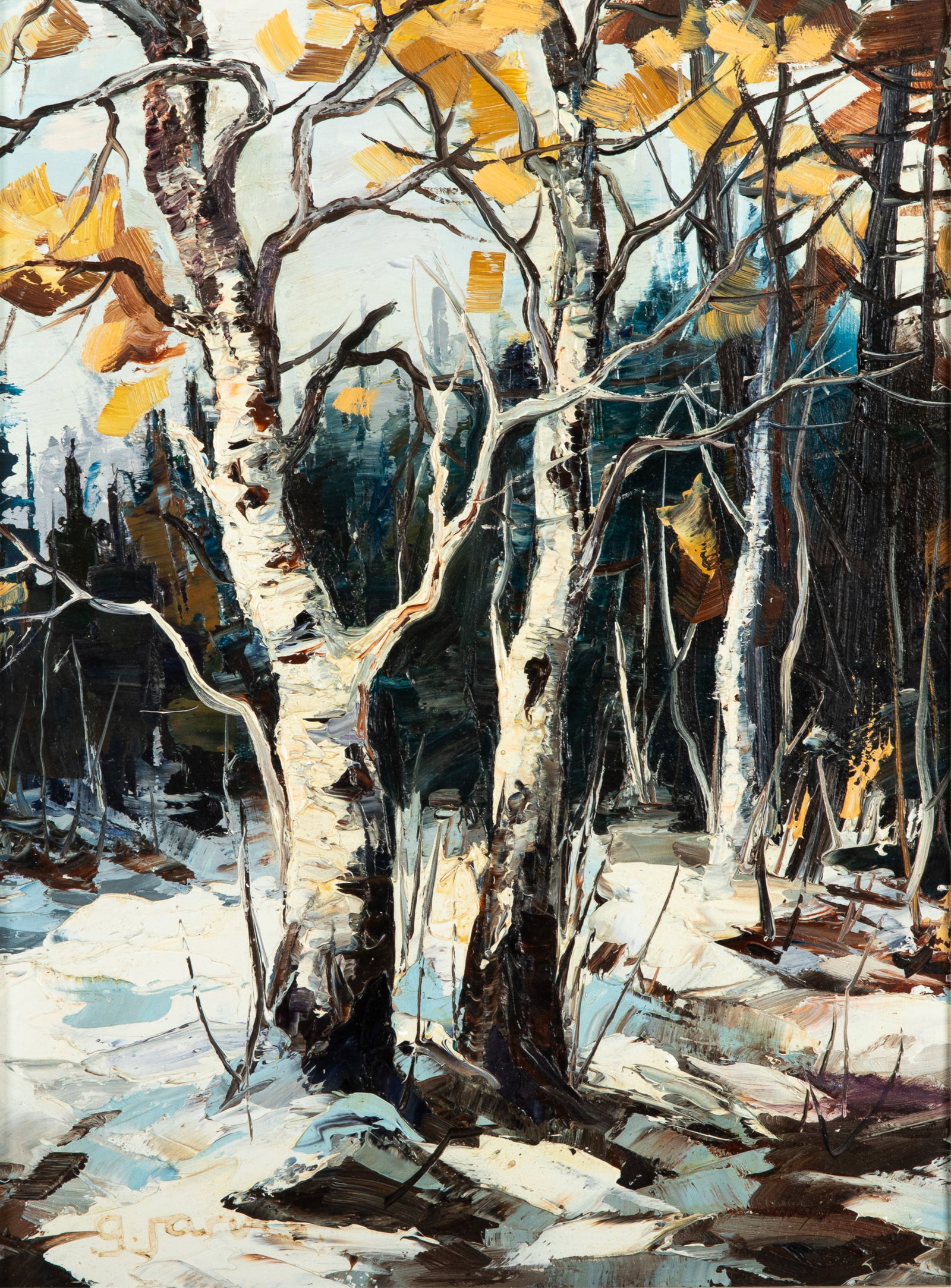 GEORGIA JARVIS (Canadian 1944-1990): Winter Birches Oil on panel Signed bottom left H. 16" W. 12"