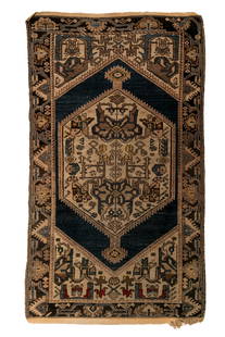 ANTIQUE PERSIAN HAMADAN WOOL RUG: Blue, brown and cream palate, 19th C. 3'3" x 5'1"