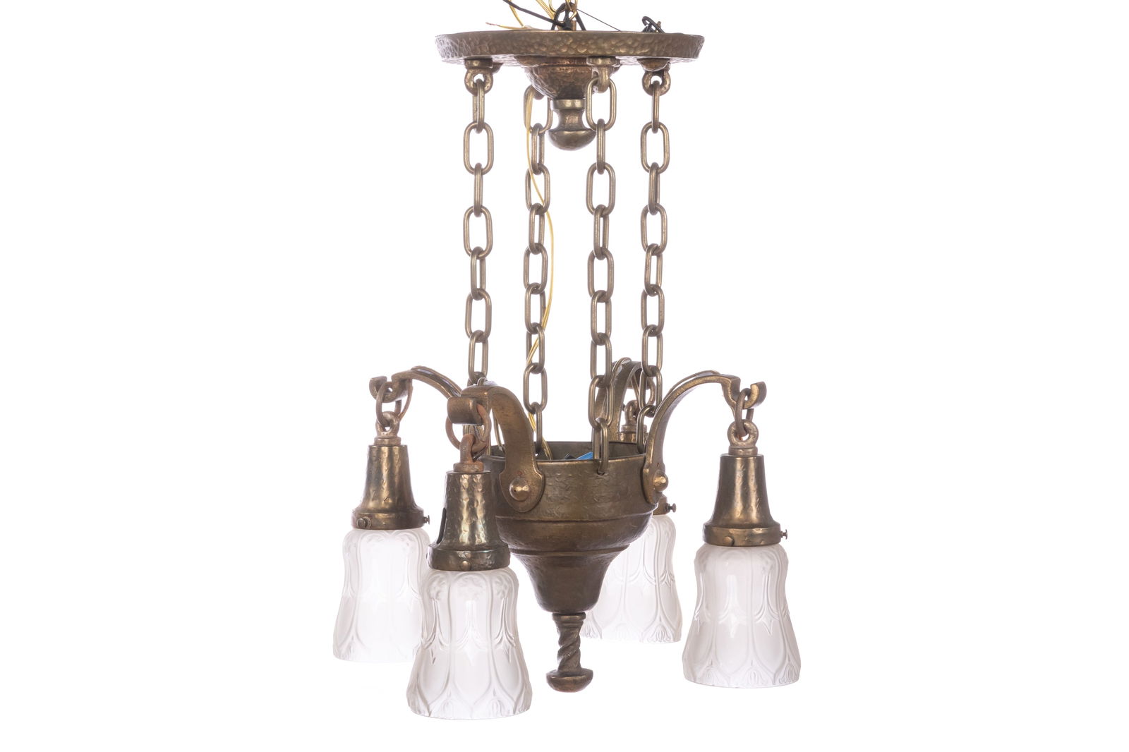 ARTS & CRAFTS HANGING BRONZE CHANDELIER: H 23" x D 17"