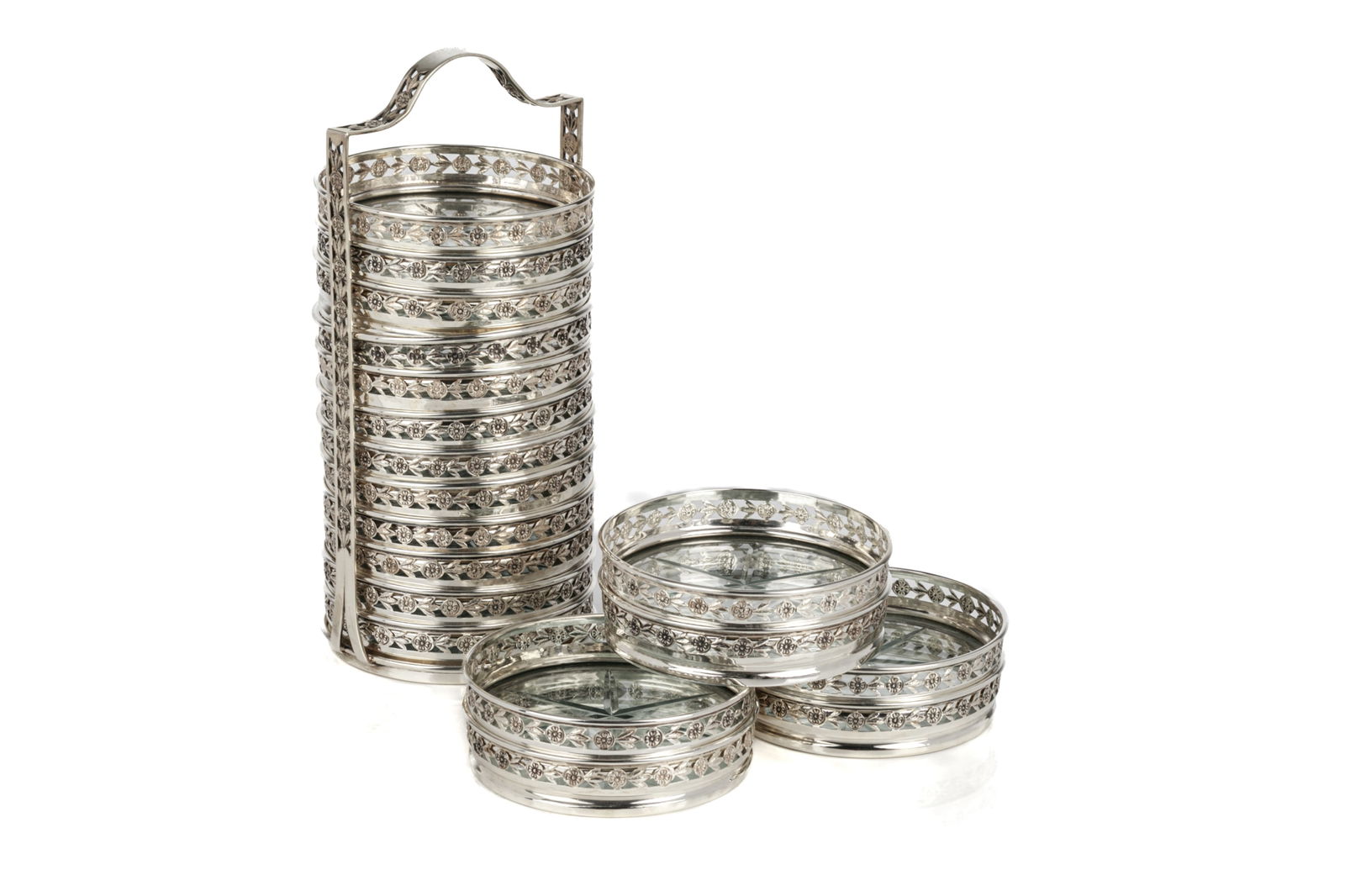 BIRKS STERLING GALLERY STYLE COASTERS AND CADDY (1 of 5)