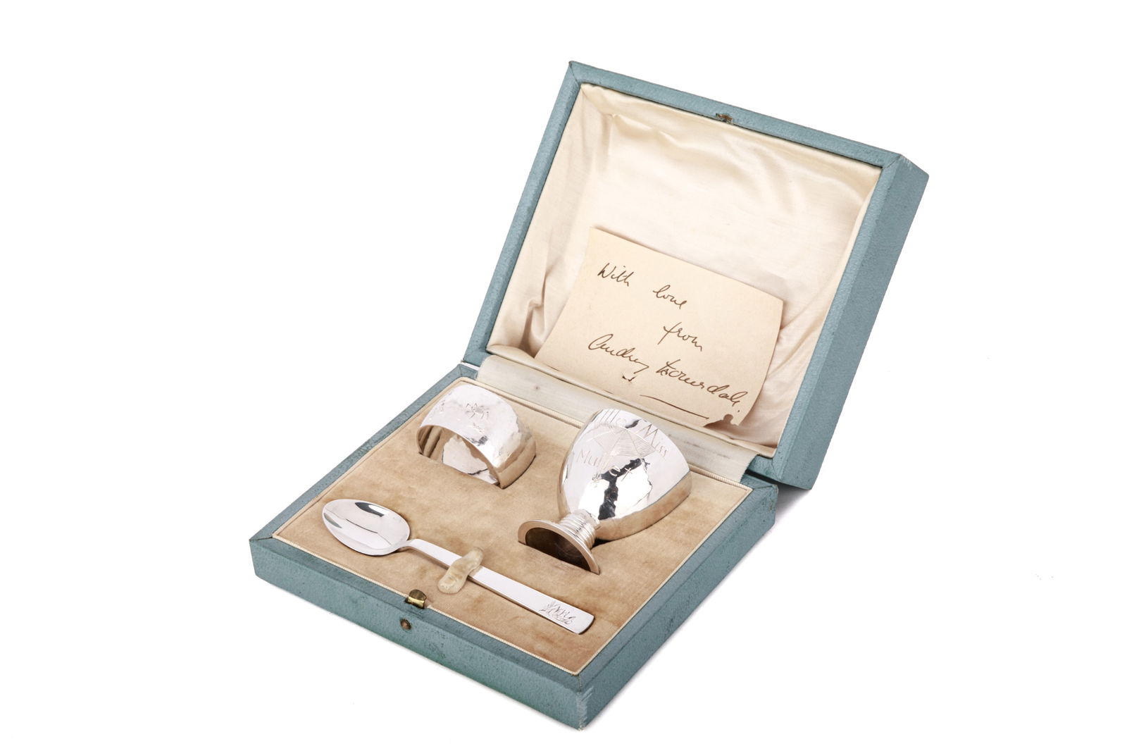 THREE-PIECE CHILDREN'S SILVER BREAKFAST SET, 92g: Three-piece children's silver breakfast set engraved with scenes from the nursery rhyme 'Little Miss Muffet' and 'Loretta Anne, 8th June 1939'. Including one napkin ring, one egg cup, and one children