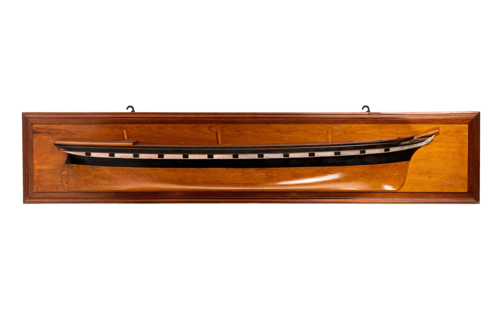 UNLABELED STEAM SHIP WOODEN HALF FULL MODEL: Smaller, wooden half hull model of unidentified steam ship. Overall measurements: H. 14" x W. 69 3/4" x D. 5". Provenance: William Murray's Canada Shipping Company or Beaver Line S.S. Co. (Montreal); 