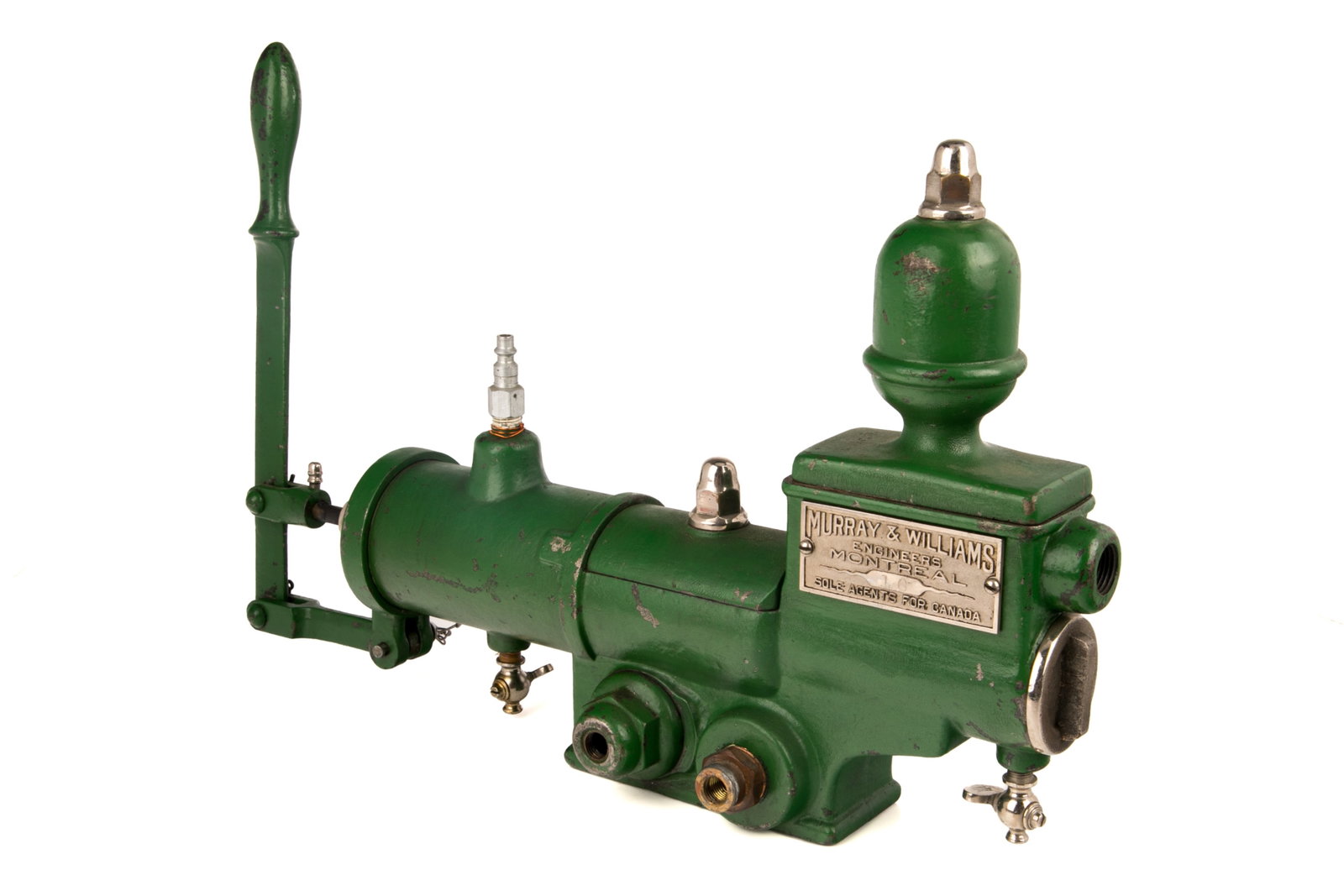 MURRAY & WILLIAMS STEAM ENGINE WATER PUMP: Water pump designed ca. 1895 for a 21' steam launch, but the name/origin of the launch is unknown. Dimensions: H. 12 1/2" x W. 5" x D. 19". Provenance: William Murray's Canada Shipping Company or Beav