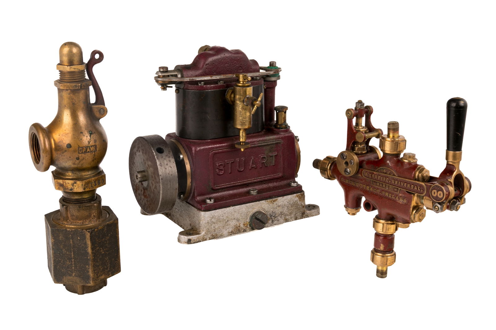 LOT OF THREE YACHT ENGINE PARTS: Includes: Schutt / Korting Universal Steam Injector (7" x 6 1/2" x 1 1/2"); Crane Angle Globe Valve (8 1/2" x 2 3/4" x 2 3/4"); and Stuart Sirius twin cylinder vertical engine (6 1/2" x 4" x 7"). Prov