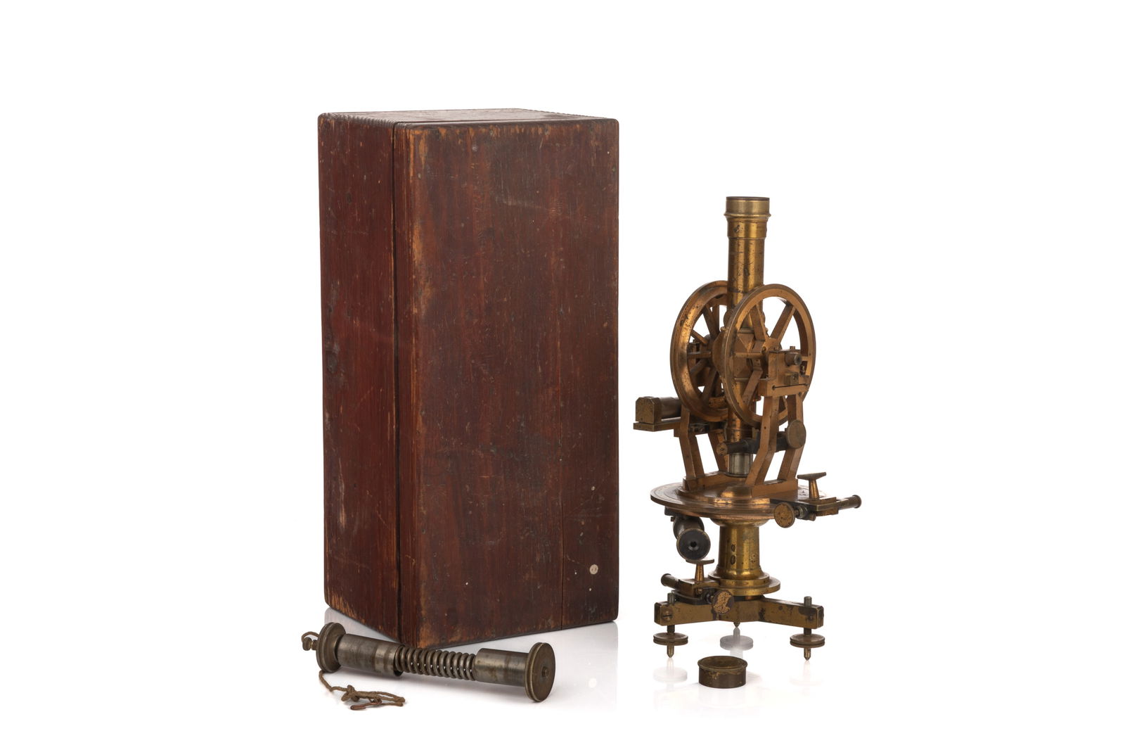 19th C FRENCH GILT COPPER PLATED BRASS THEODOLITE: With original fitted box. The bronze survey transit inscribed: H. Morin, 3 Rue Boursault, Ateliers H. Morin & Gensse a Paris. Provenance: The collection of Robert Neale Blackburn, who immigrated to Ca