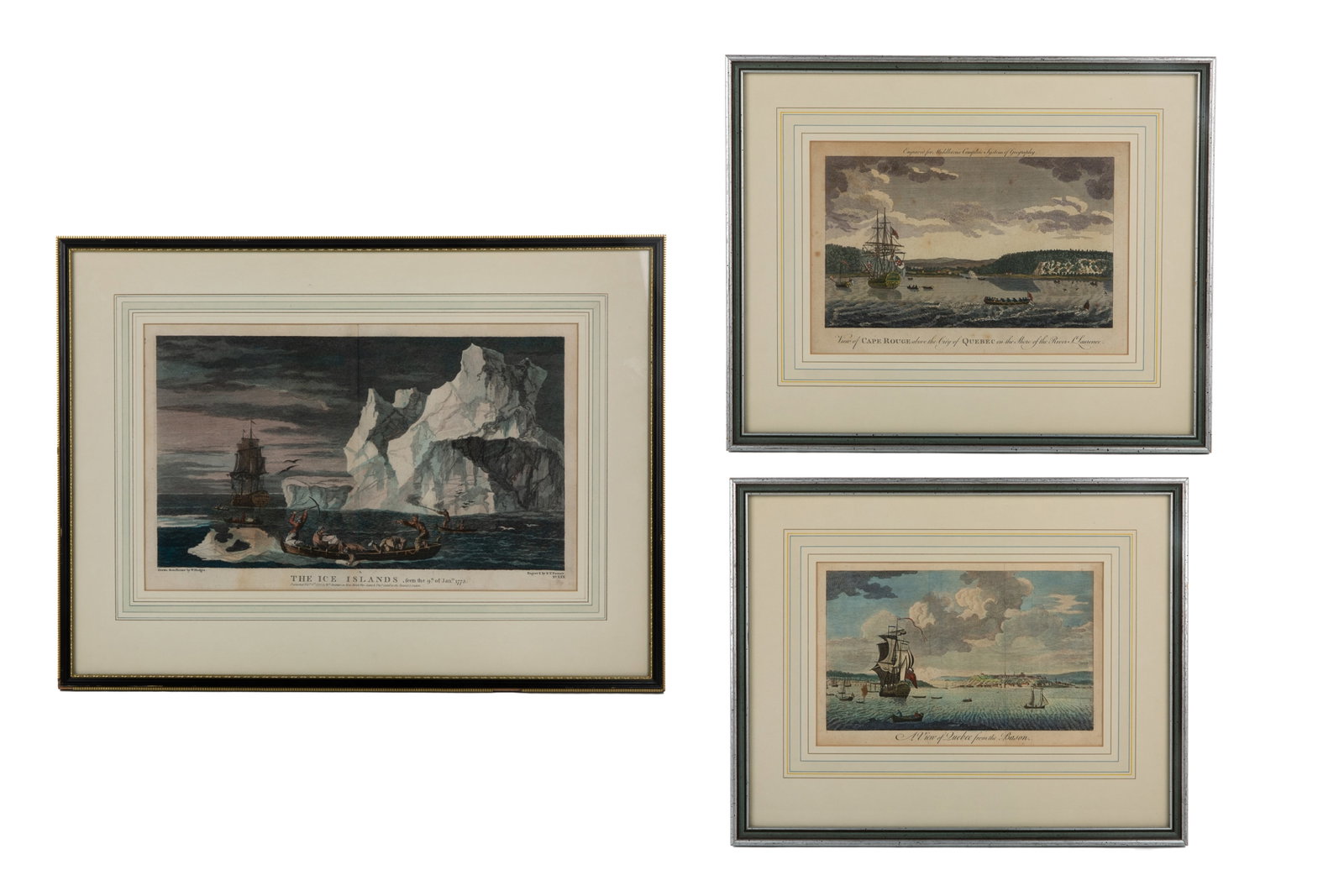 THREE HAND COLORED ENGRAVINGS (18th C): "The Ice Islands, seen the 9th of Jan(ua)ry 1773". Engraved by Benjamin Thomas Pouncy (British, 1750-1799) after William Hodges (British, 1744-1797). Measurements (framed): H. 16 1/2" x W. 22". "View 