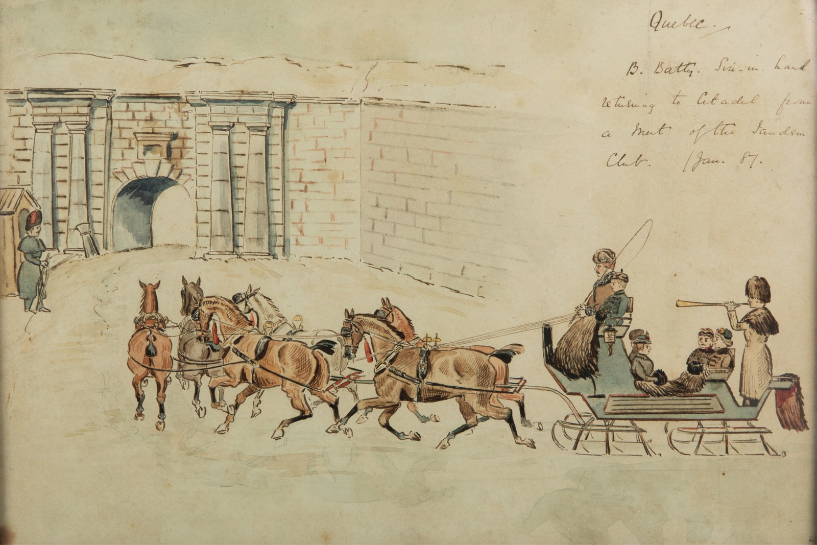 CANADIAN SCHOOL (19th C.): Ink and Watercolour on Paper Inscription top right: "Quebec / B. Batty [illegible] in hand / returning to Citadel from / a meet of the Tandem / Club / Jan. 87." H. 9 1/2" x W. 13 2/8"