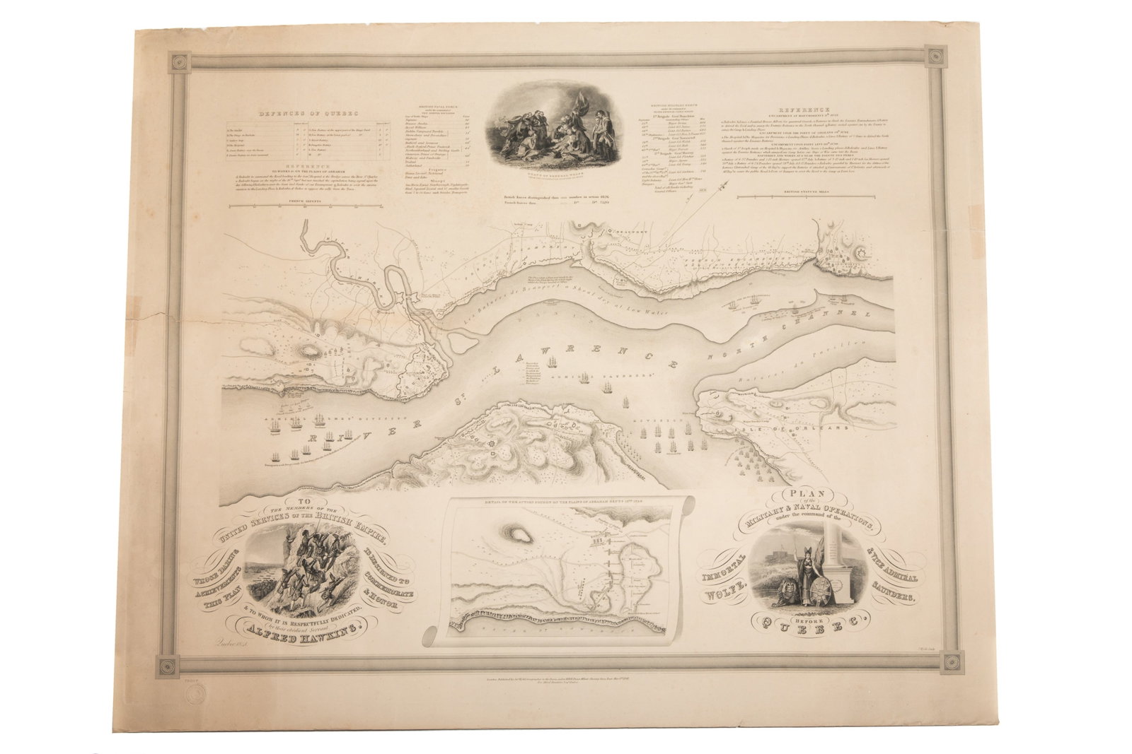 PLAN OF MILITARY & NAVAL OPERATIONS BEFORE QUEBEC: James Wyld. "Plan of the Military & Naval Operations, under the command of Immortal Wolfe, & Vice Admiral Saunders, before Quebec" (London, 1 May 1841). This map provides extensive details on naval an