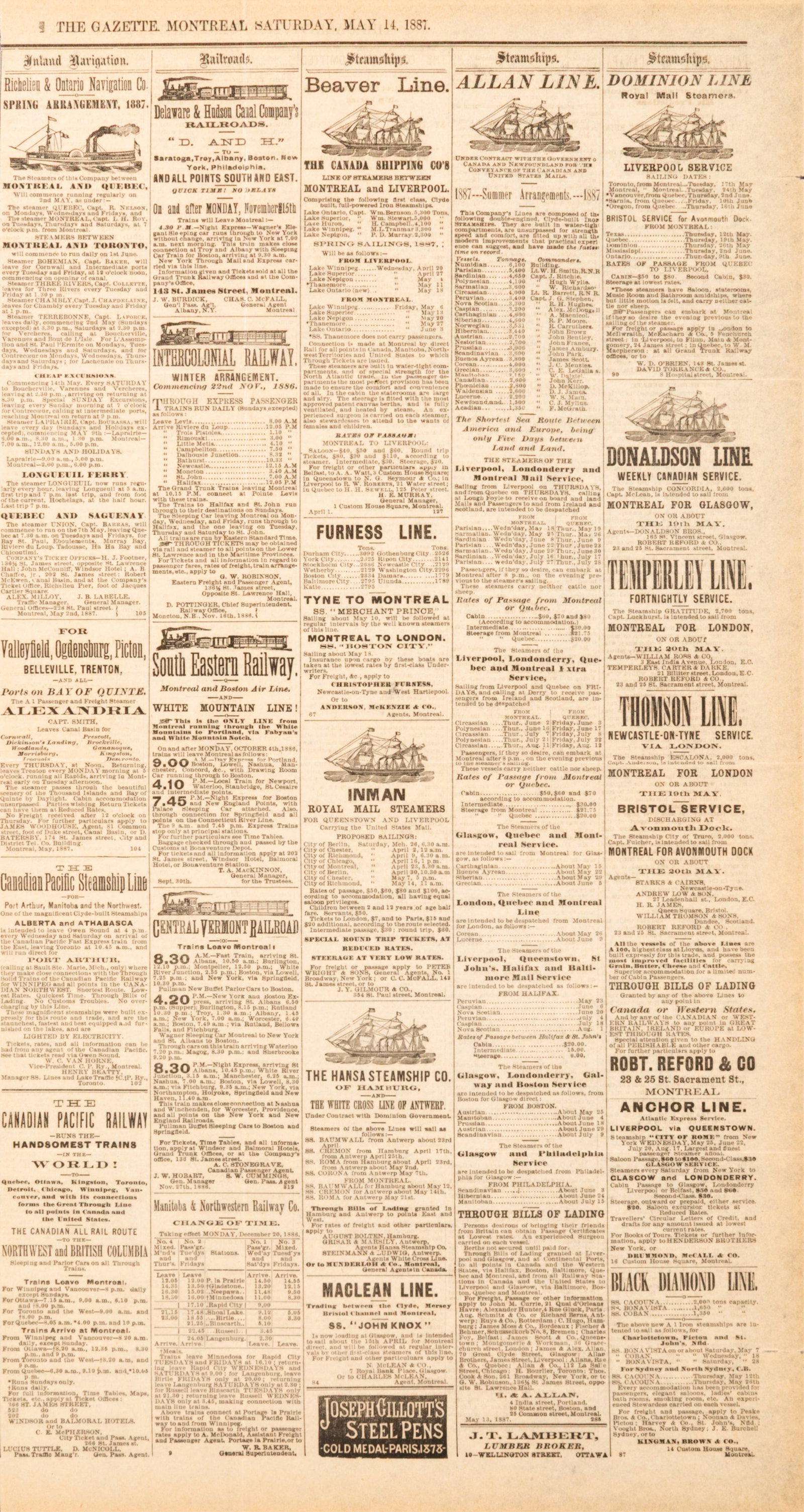 STEAM SHIP ADVERTISEMENTS, MONTREAL GAZETTE (1887): Advertisement page excerpted from The Montreal Gazette (May 14, 1887). Includes advertisements for Inland Navigation, Railroads, and Steamships, including the Beaver Line, The Canada Shipping Company.