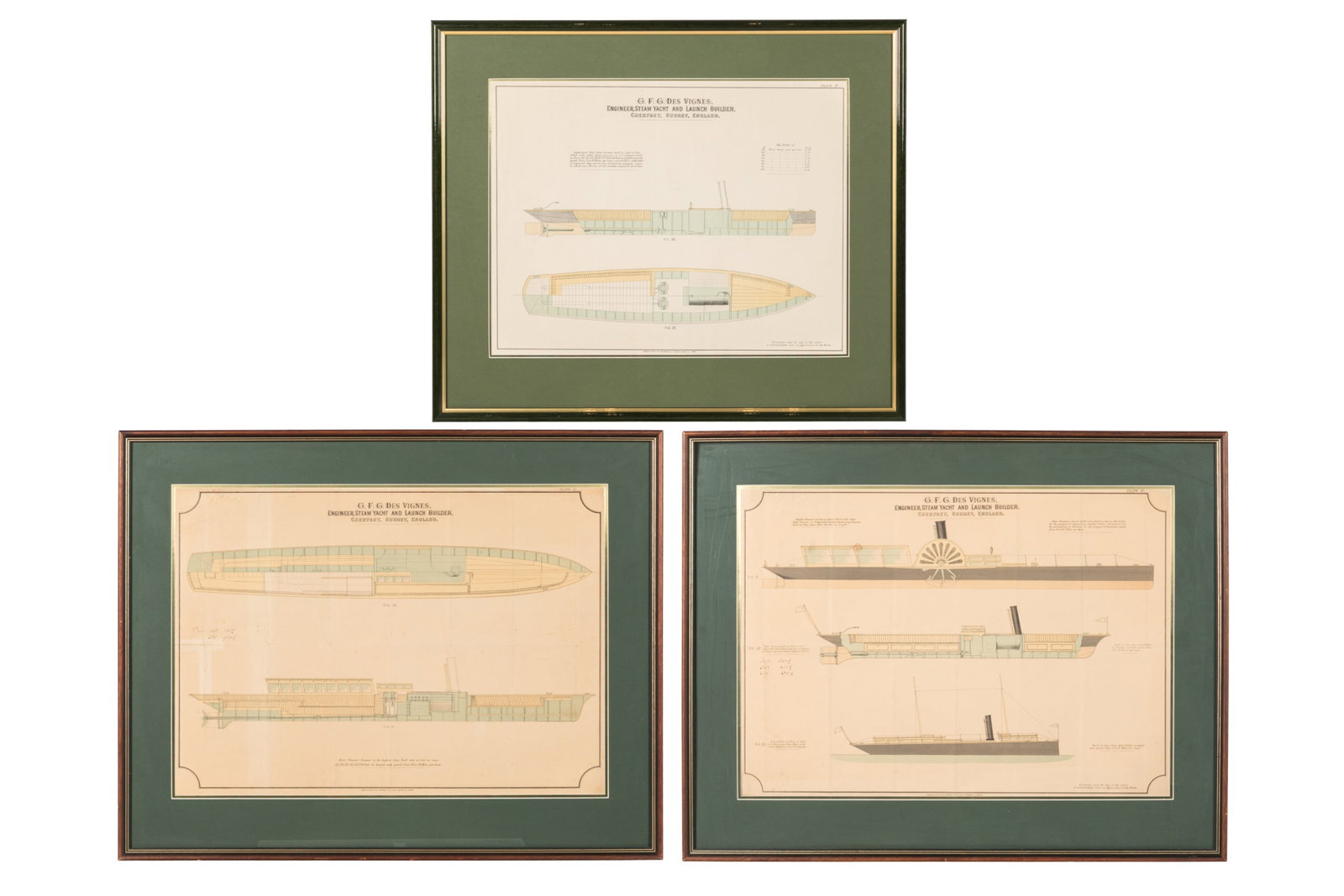 G.F.G. DES VIGNES. STEAM YACHT AND LAUNCH PLANS: Lot of three plans for steam yachts and launches designed by G.F.G. Des Vignes, Engineer, Steam Yacht and Launch Builder (Chertsey, Surrey, England). Framed lithographs in color produced by Roberts & 