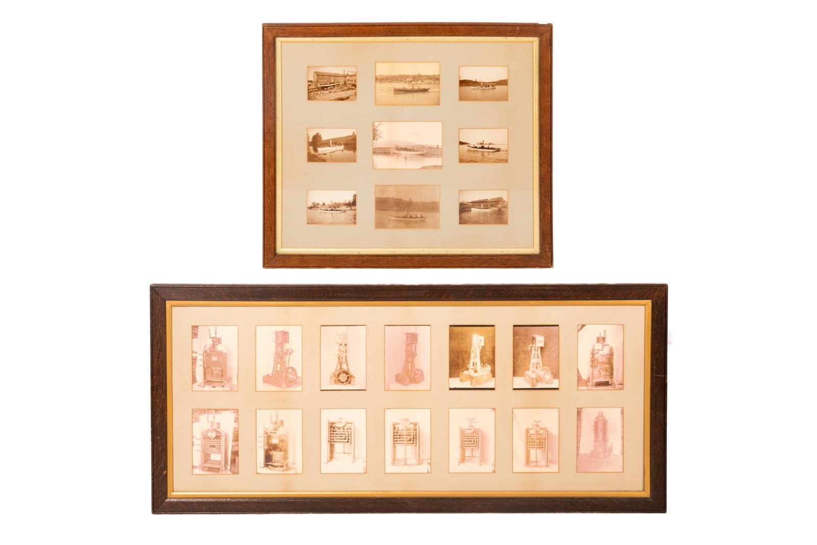 PAIR OF FRAMED PHOTO SETS OF YACHTS AND ENGINES: Includes one set of 9 photos of yachts, and another set of 14 photos of engines. No identification is provided. Dimensions (larger): H. 20 3/4" x W. 46 3/8" Provenance: William Murray's Canada Shippin