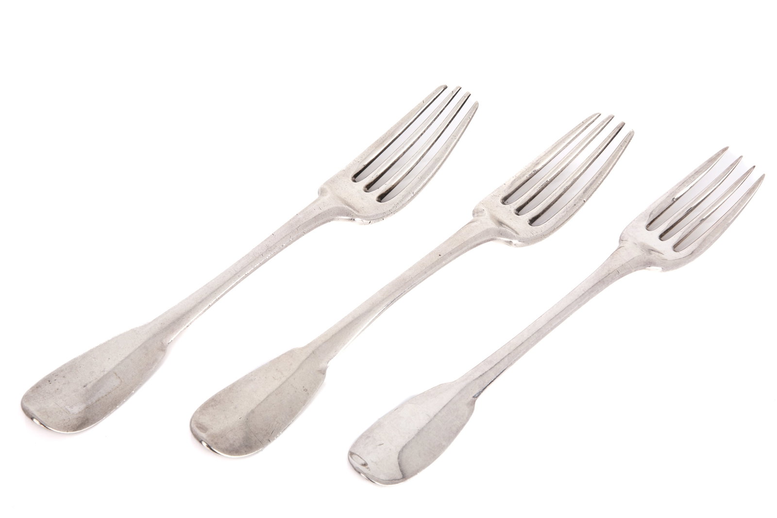 THREE JOSEPH MAILLOUX CANADIAN SILVER FORKS: French rounded fiddle pattern, two with engraved X on the backs and one with period initials. Double stuck impressed marks, Quebec City, 18th C. L 18.5cm (7 1/4in), 177g